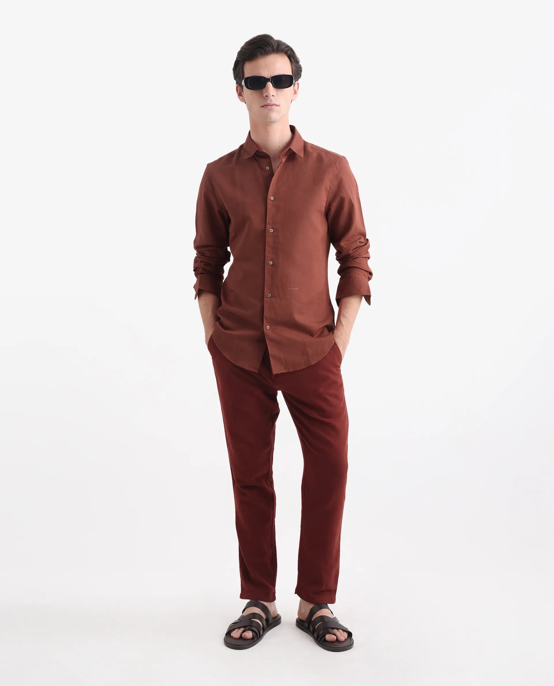 Rare Rabbit Men's Linux Rust Linen Blend Plain Regular Fit Full Sleeve Collared Shirt