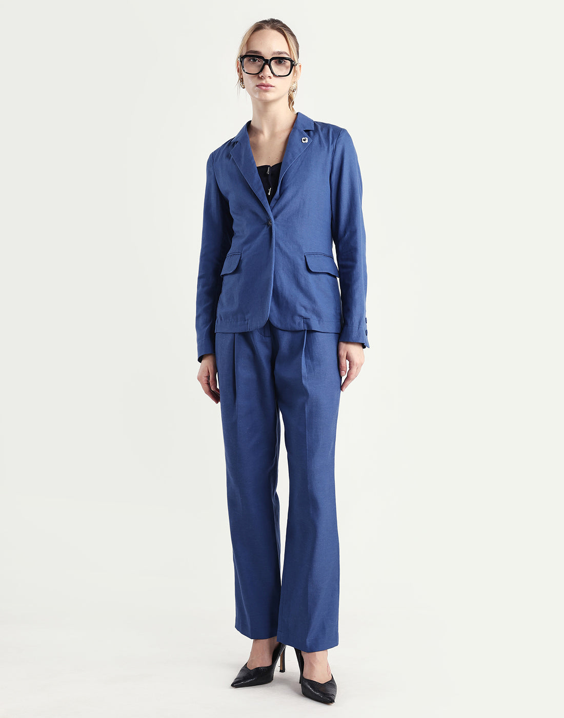 Rareism Women's Linzy-T Blue 100% Linen Full Sleeve Lapel Neck Regular Plain Blazer