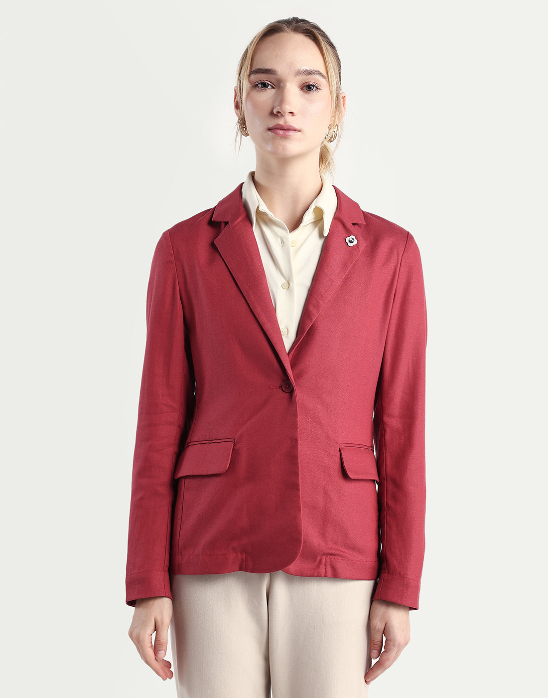 Rareism Women's Linzy-T Red 100% Linen Full Sleeve Lapel Neck Regular Plain Blazer