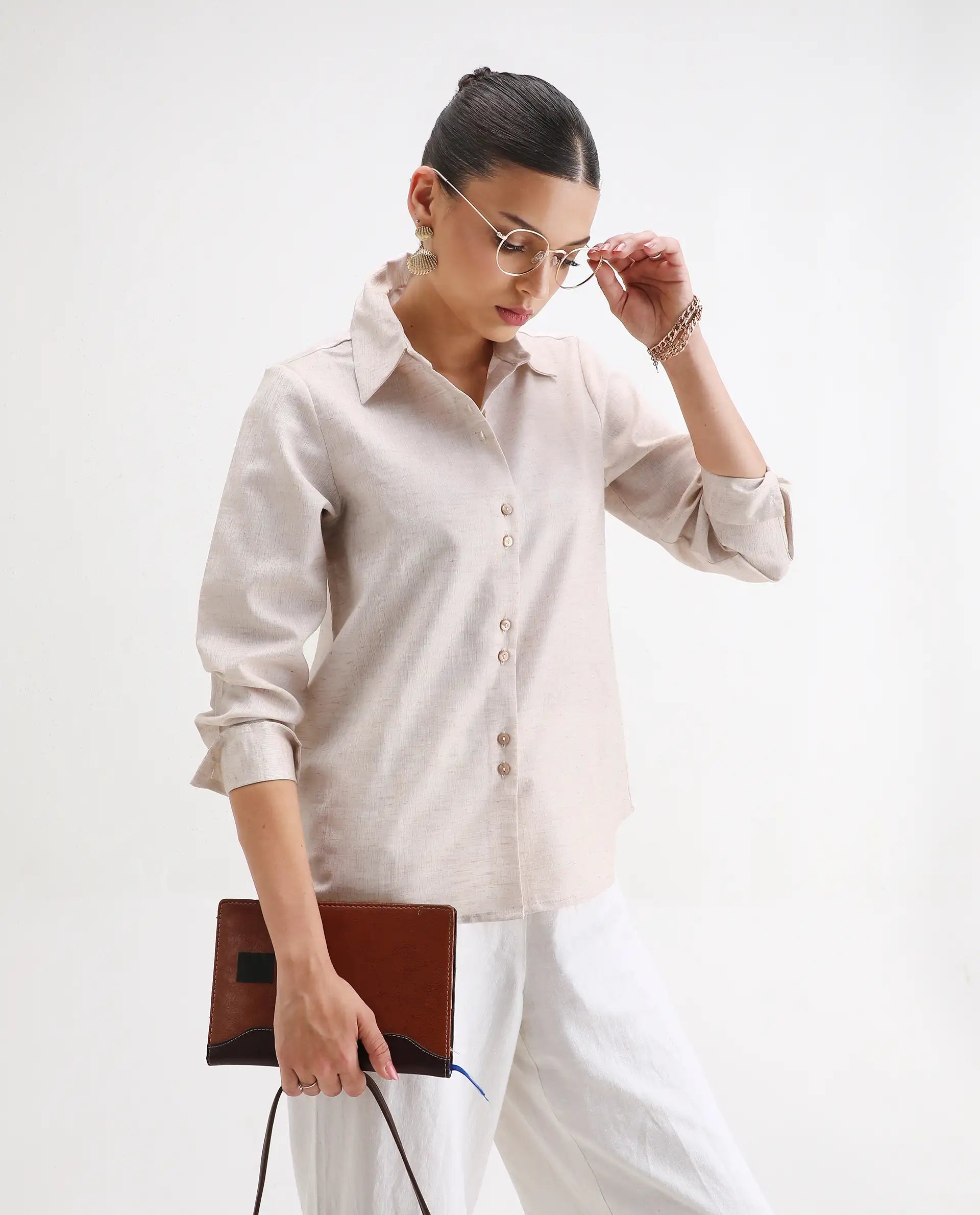 Rareism Women's Lippta Beige Polyester Spread Collar Plain Cuffed Sleeve Regular Fit Top