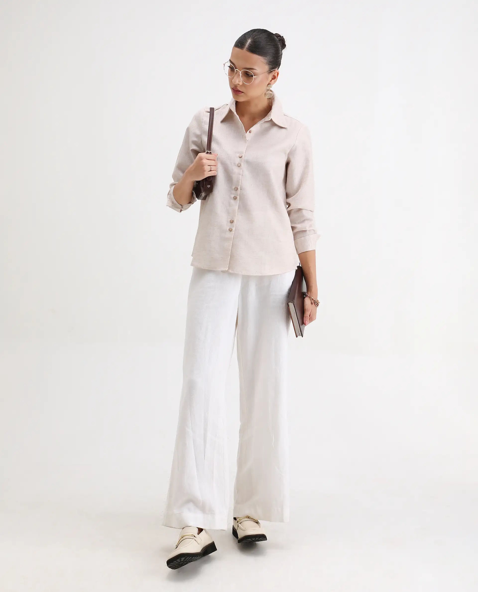 Rareism Women's Lippta Beige Polyester Spread Collar Plain Cuffed Sleeve Regular Fit Top