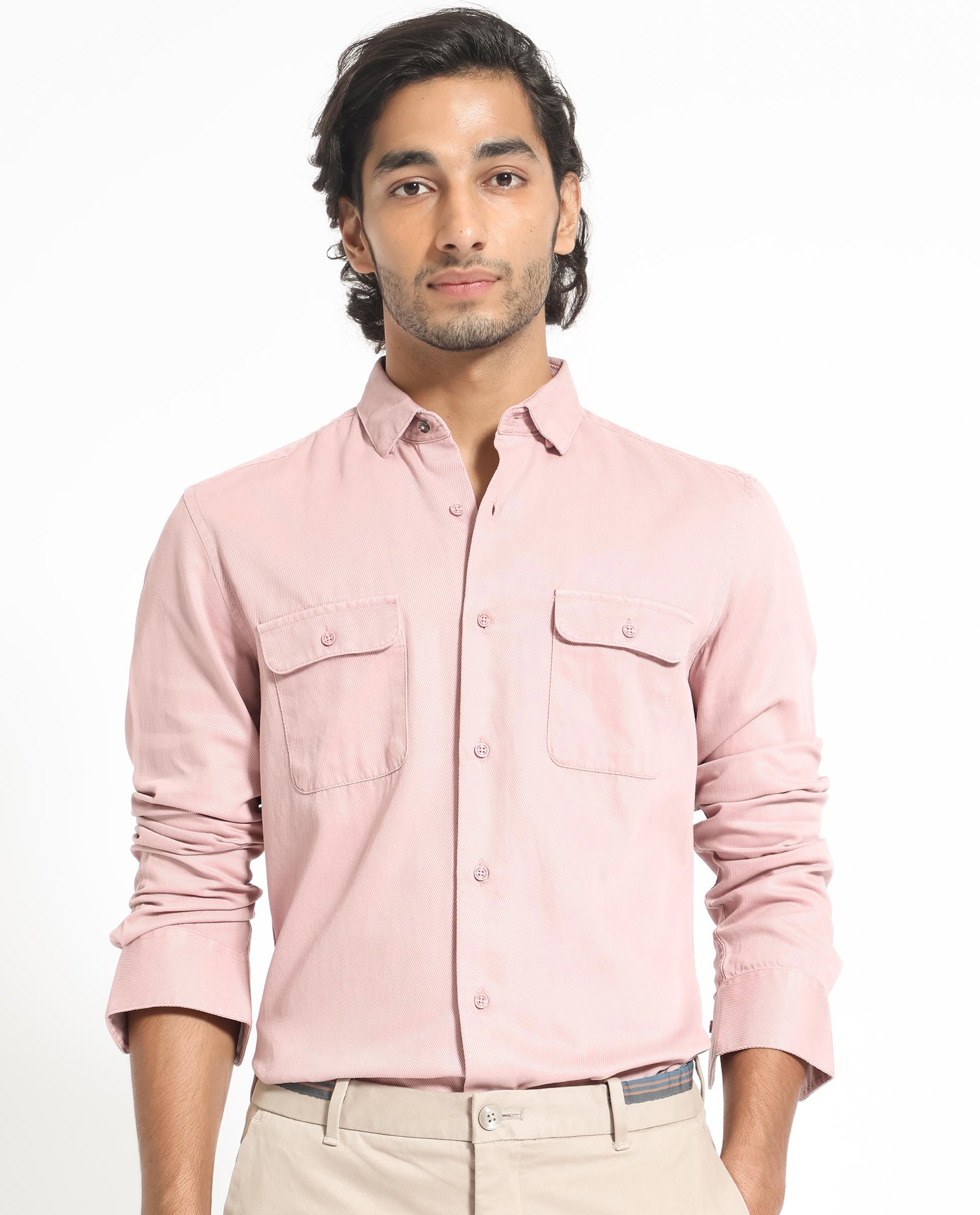 Rare Rabbit Men's Lipton Light Peach Cotton Fabric Full Sleeves Twill Shirt