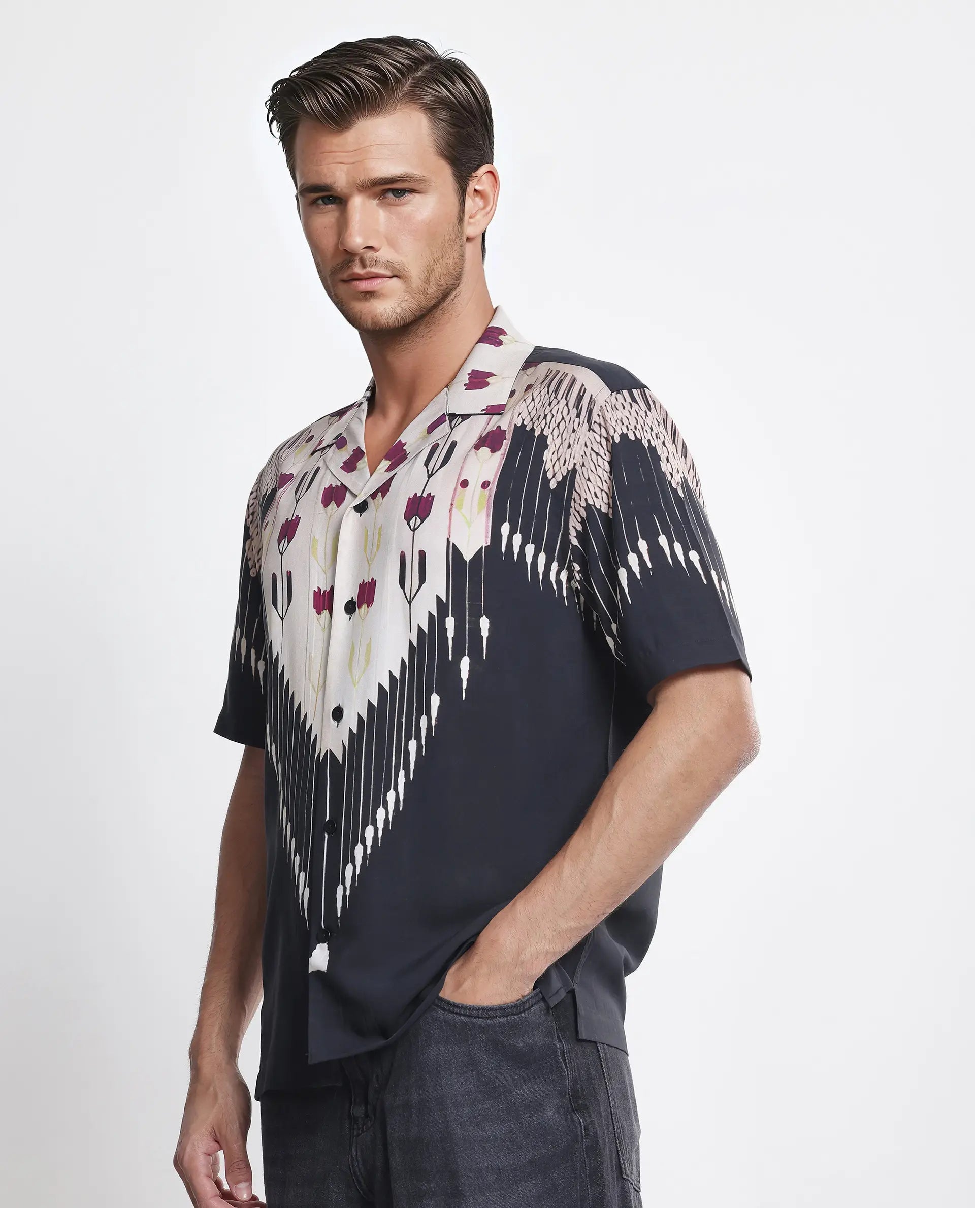 Rare Rabit Men's Lisat Black Half Sleeve Cuban Collar Shirt