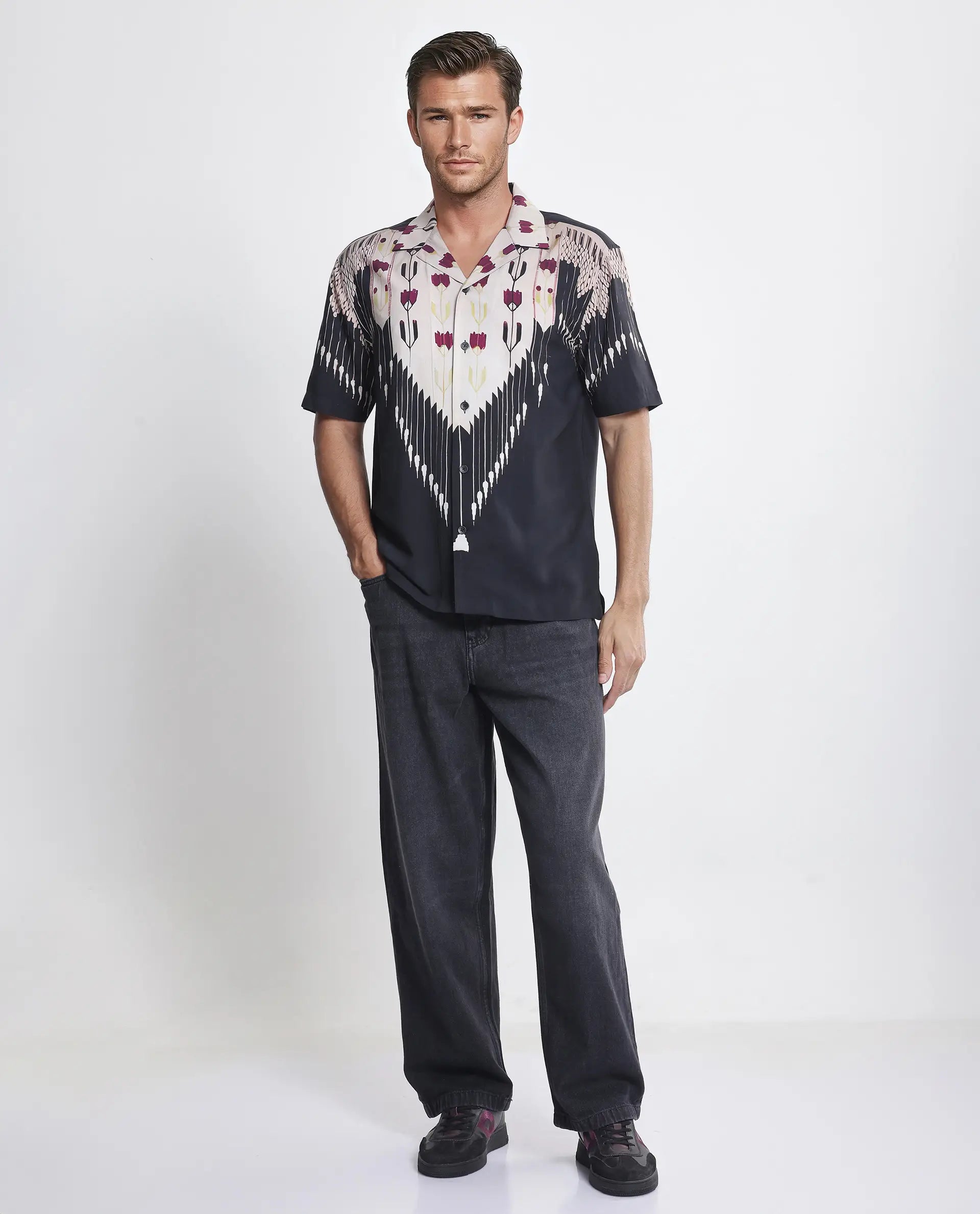 Rare Rabit Men's Lisat Black Half Sleeve Cuban Collar Shirt