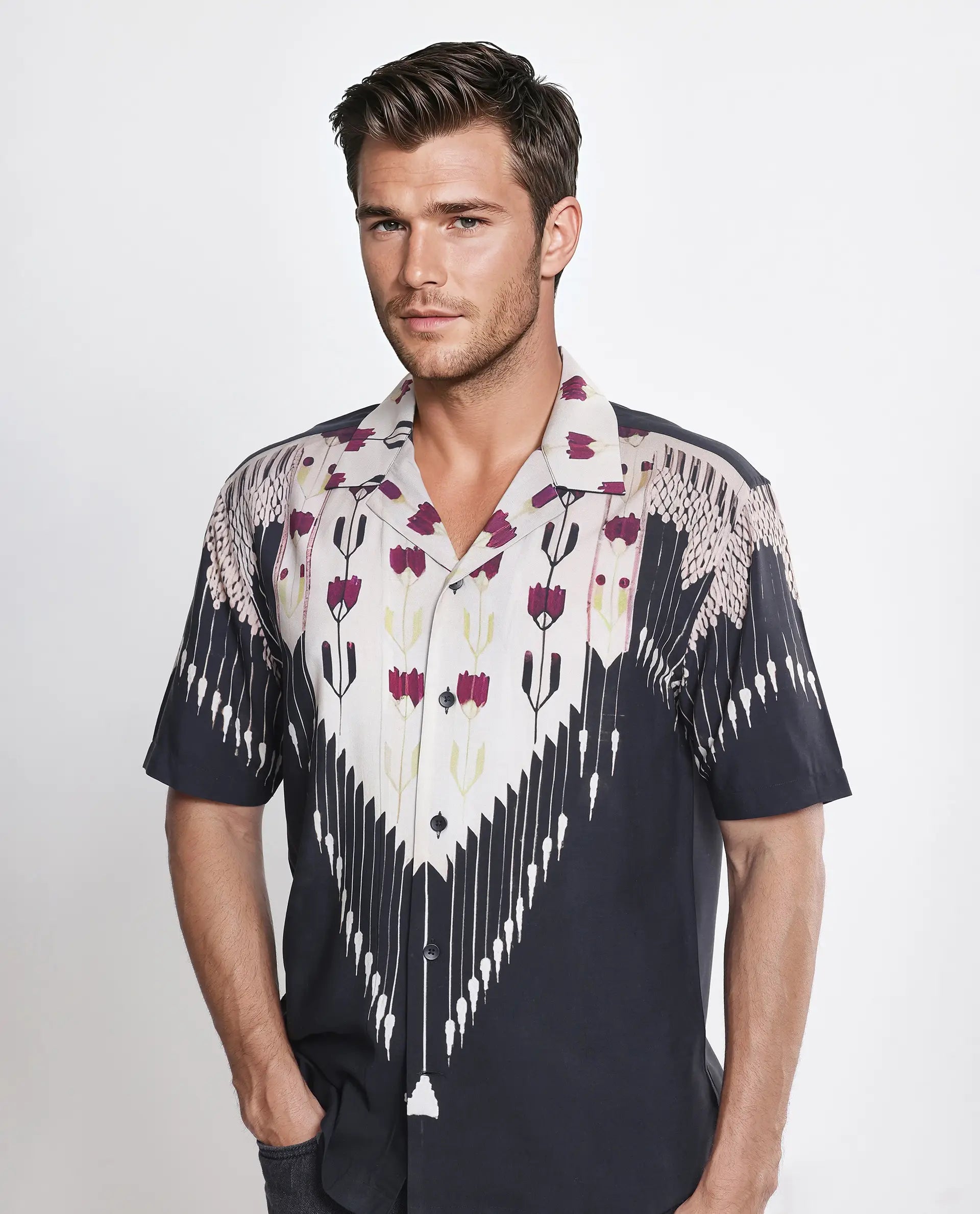 Rare Rabit Men's Lisat Black Half Sleeve Cuban Collar Shirt