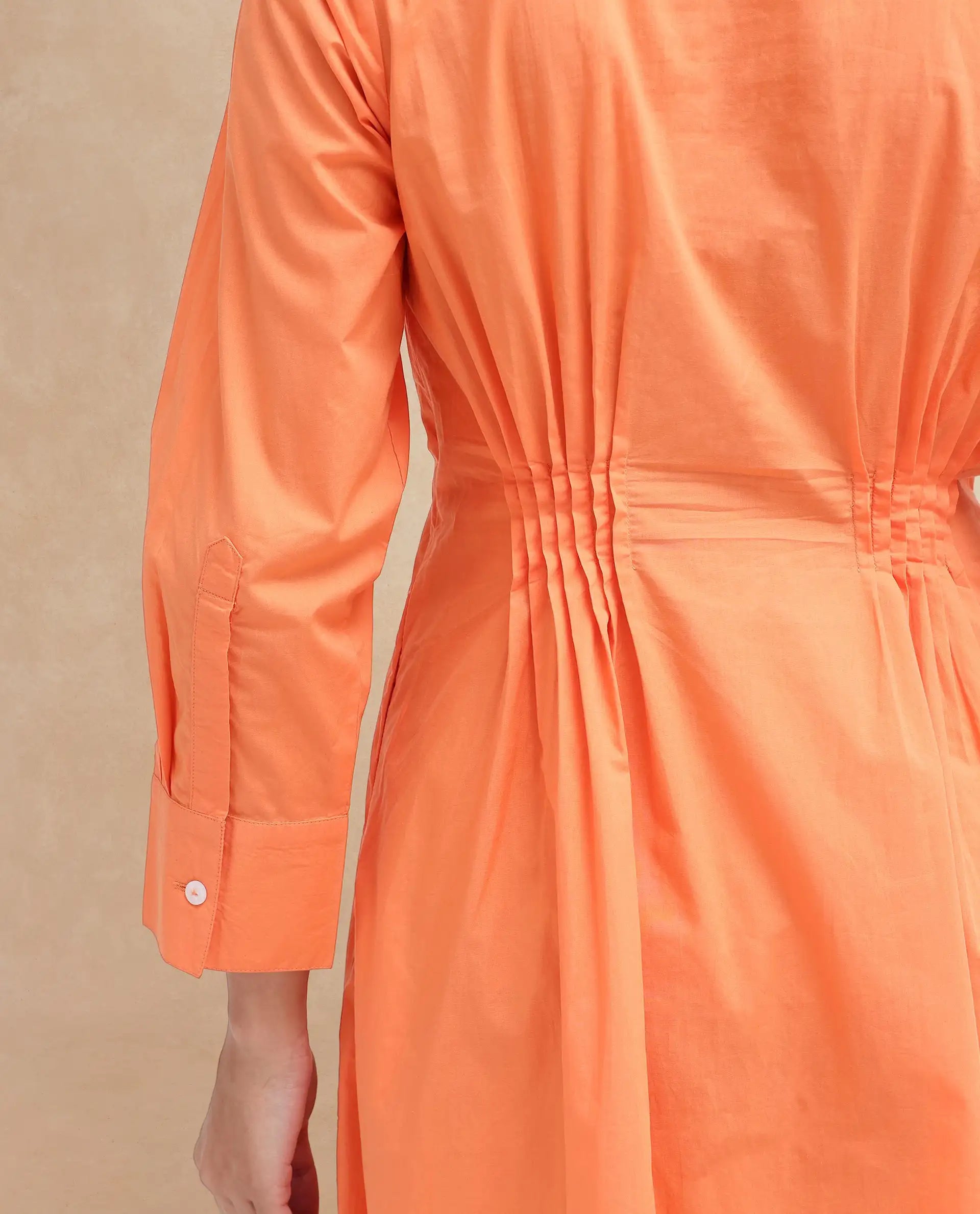 Rareism Women's Lister Orange Cotton Crew Neck Plain Cuffed Sleeve Midi Fit And Flare Dress