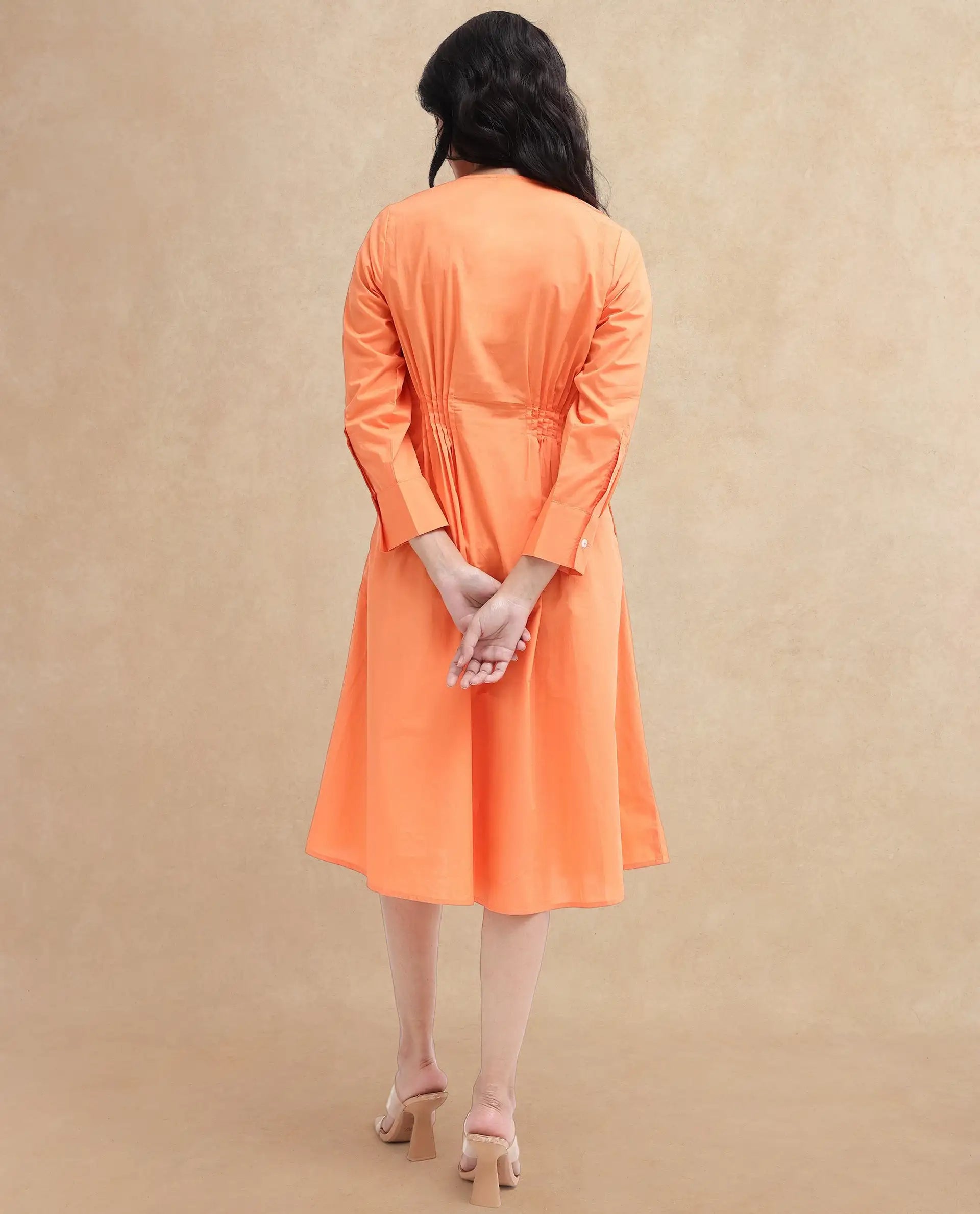 Rareism Women's Lister Orange Cotton Crew Neck Plain Cuffed Sleeve Midi Fit And Flare Dress