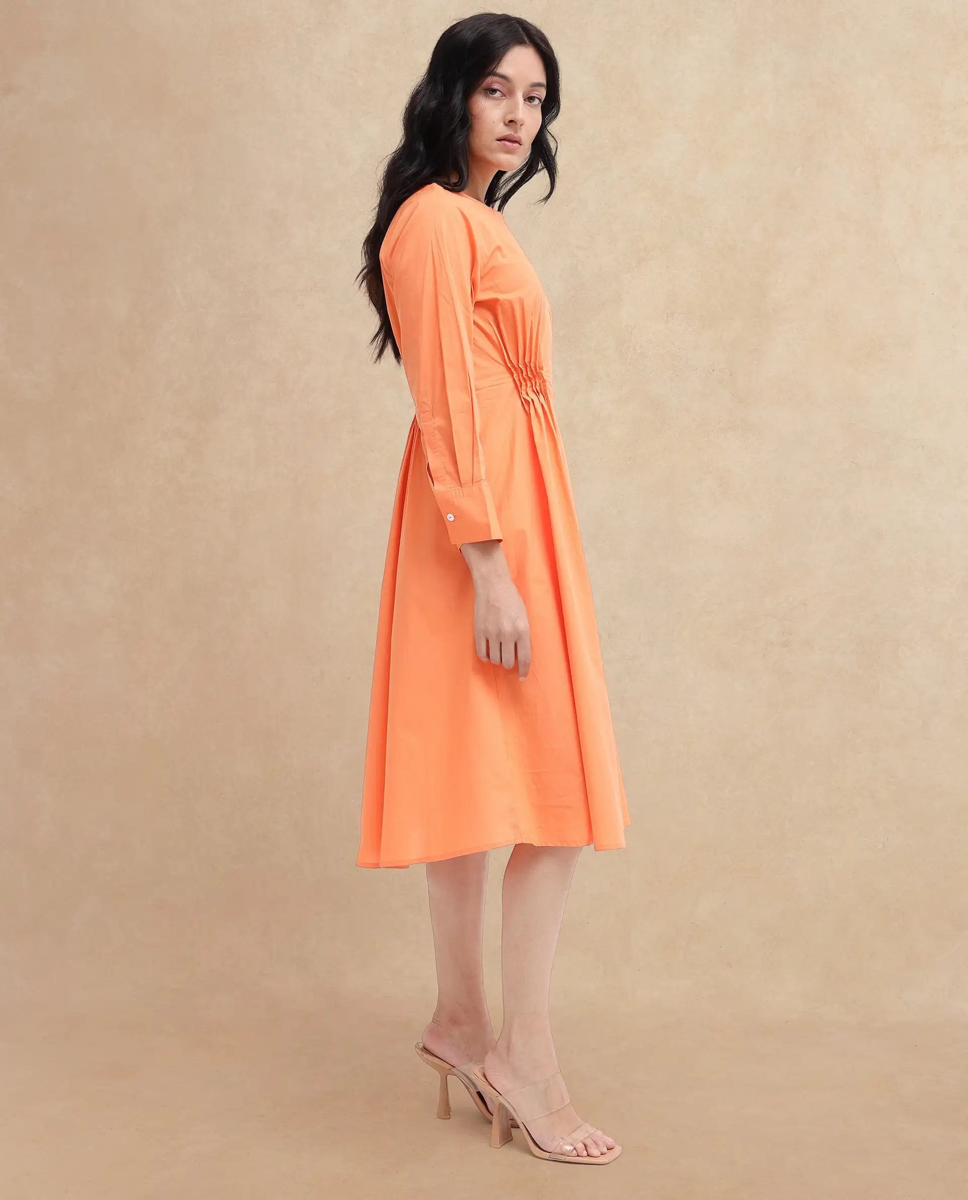 Rareism Women's Lister Orange Cotton Crew Neck Plain Cuffed Sleeve Midi Fit And Flare Dress