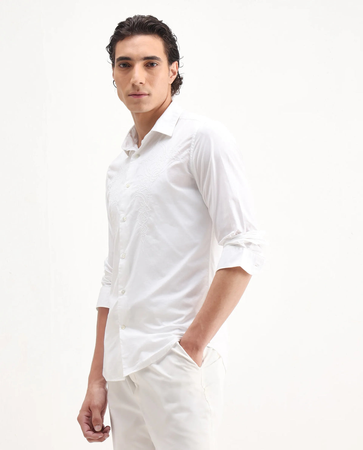 Rare Rabbit Men's Livio White Cotton Embroidered Regular Fit Full Sleeve Collared Shirt
