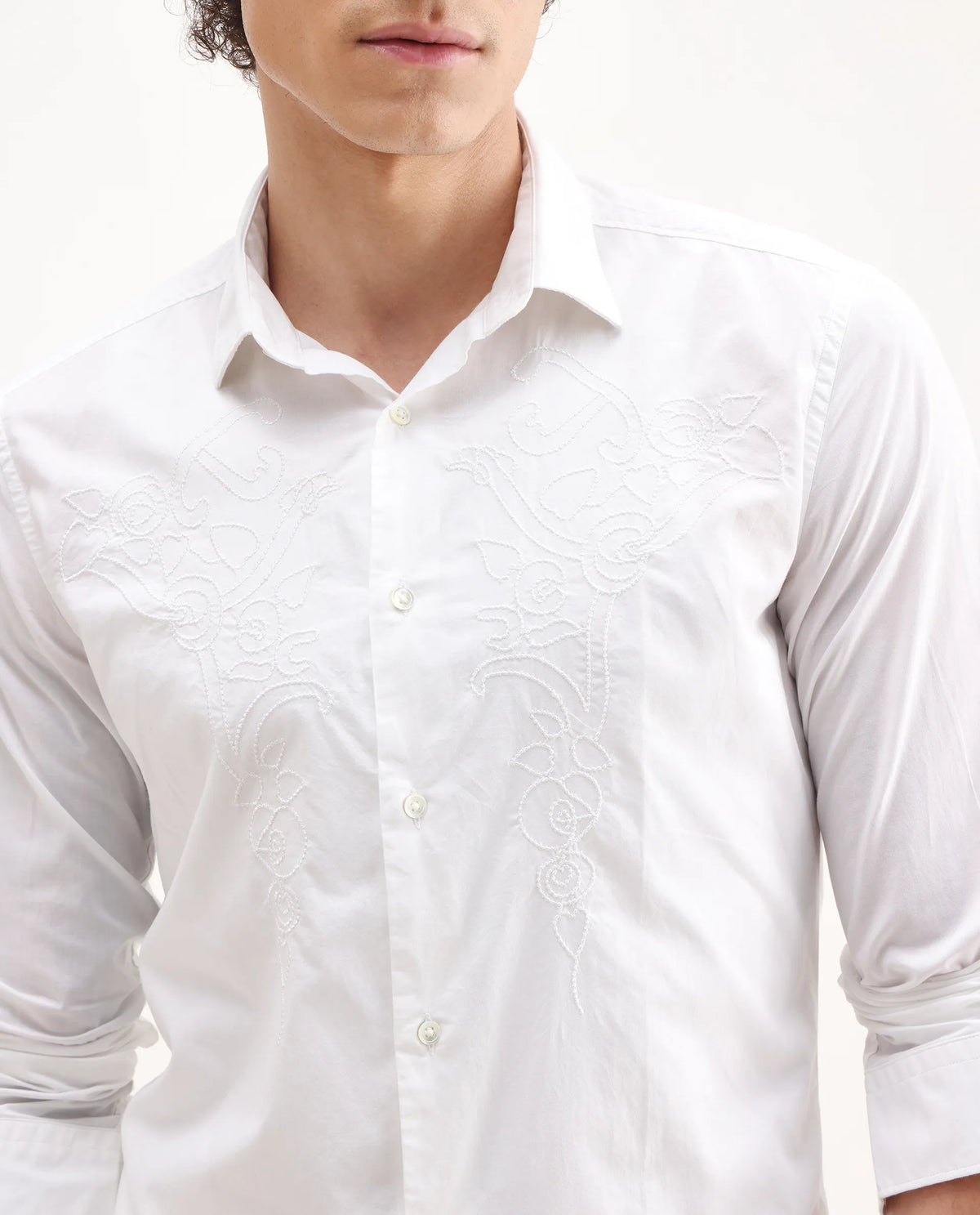 Rare Rabbit Men's Livio White Cotton Embroidered Regular Fit Full Sleeve Collared Shirt