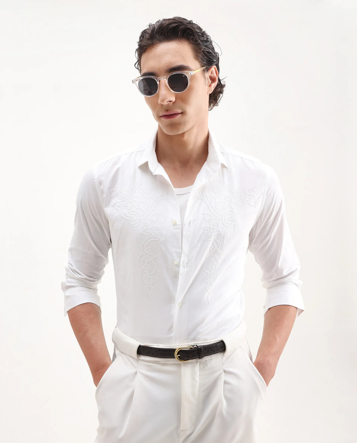 Rare Rabbit Men's Livio White Cotton Embroidered Regular Fit Full Sleeve Collared Shirt