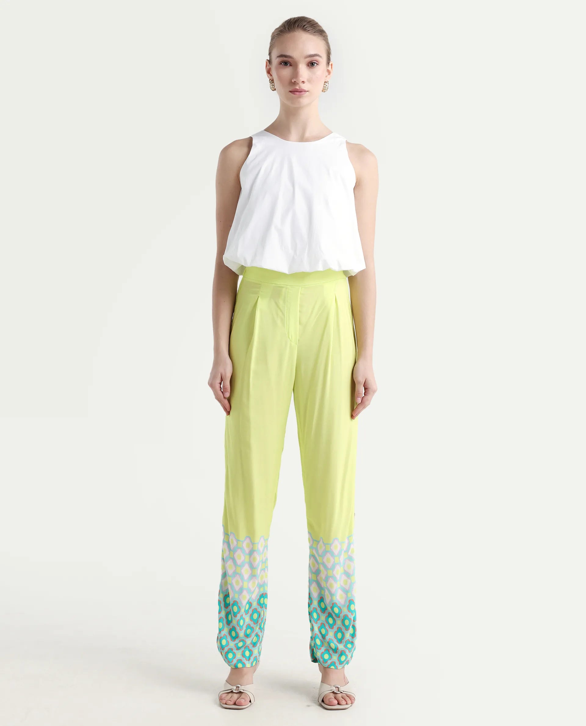 Rareism Women's Livorno Light Multi Viscose Blend Geometric Print Ankle Length Straight Fit Trouser