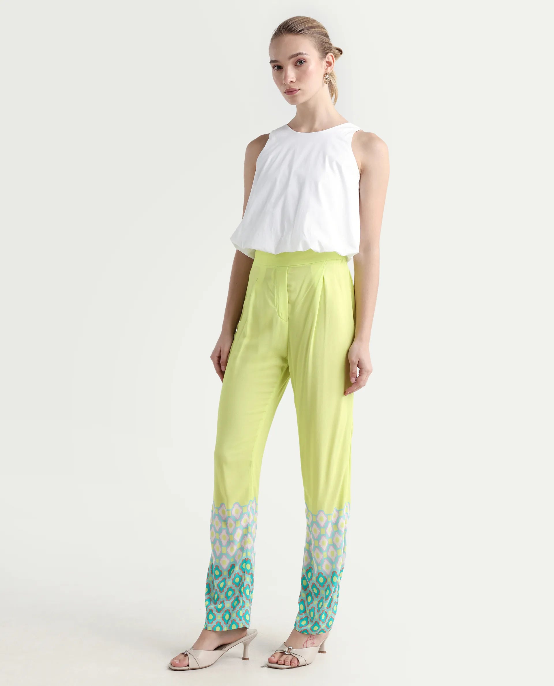 Rareism Women's Livorno Light Multi Viscose Blend Geometric Print Ankle Length Straight Fit Trouser