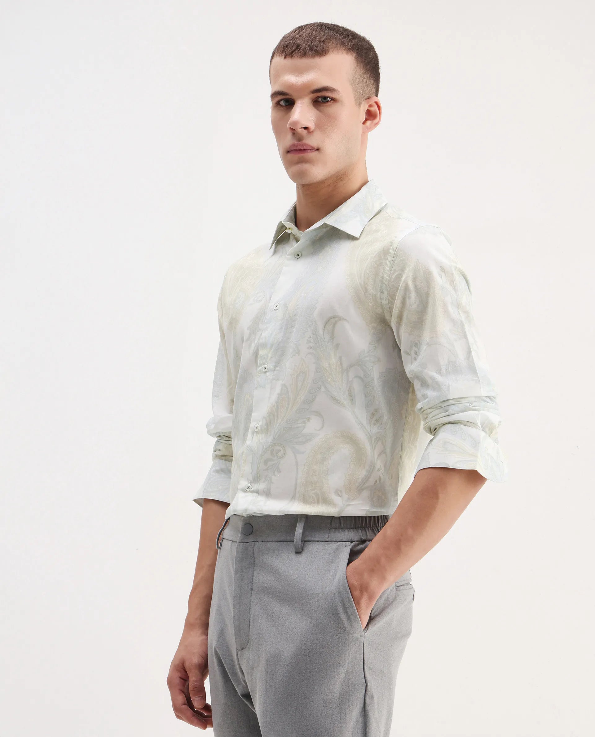 Rare Rabbit Men's Livra Off White Cotton Blend Paisley Print Regular Fit Full Sleeve Collared Shirt