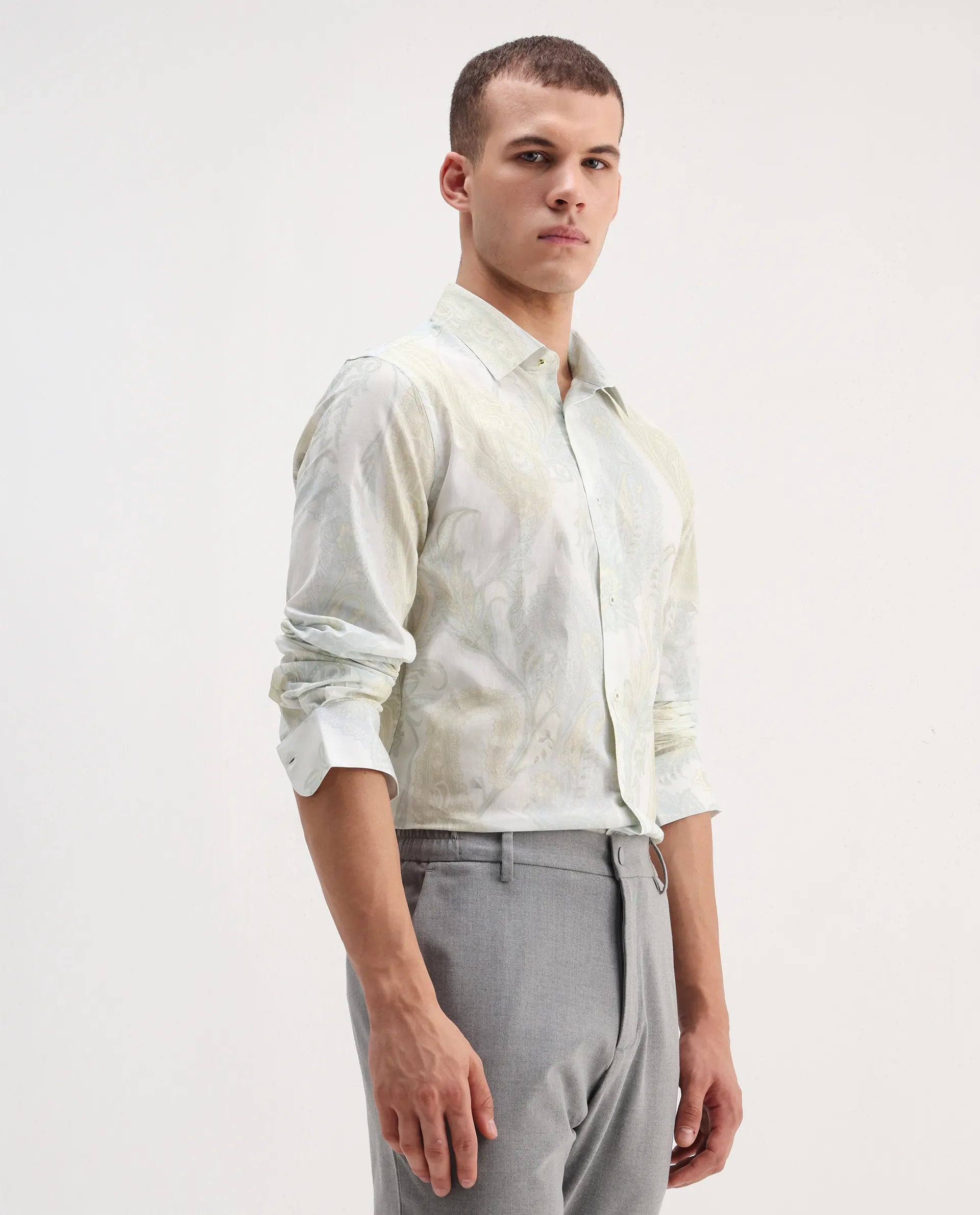 Rare Rabbit Men's Livra Off White Cotton Blend Paisley Print Regular Fit Full Sleeve Collared Shirt