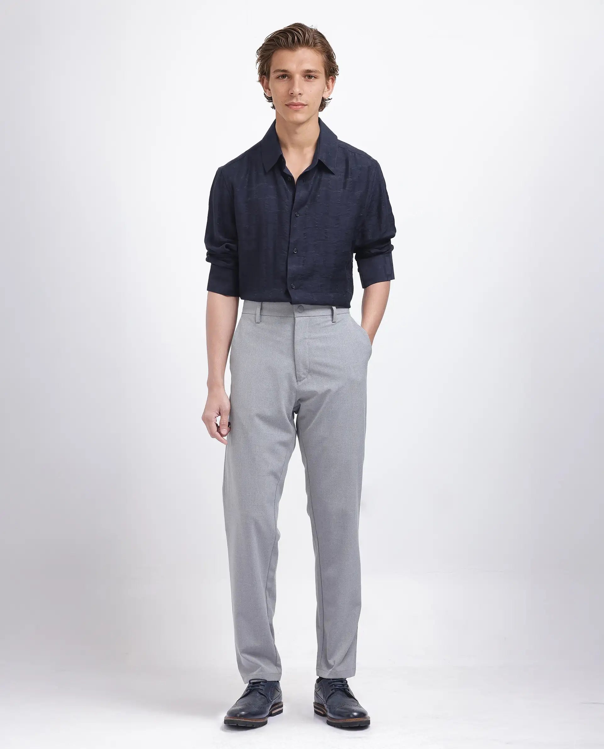 Rare Rabbit Men's Lixu Dark Navy Viscose Nylon Fabric Full Sleeve Collared Neck Button Closure Jacquard Shirt