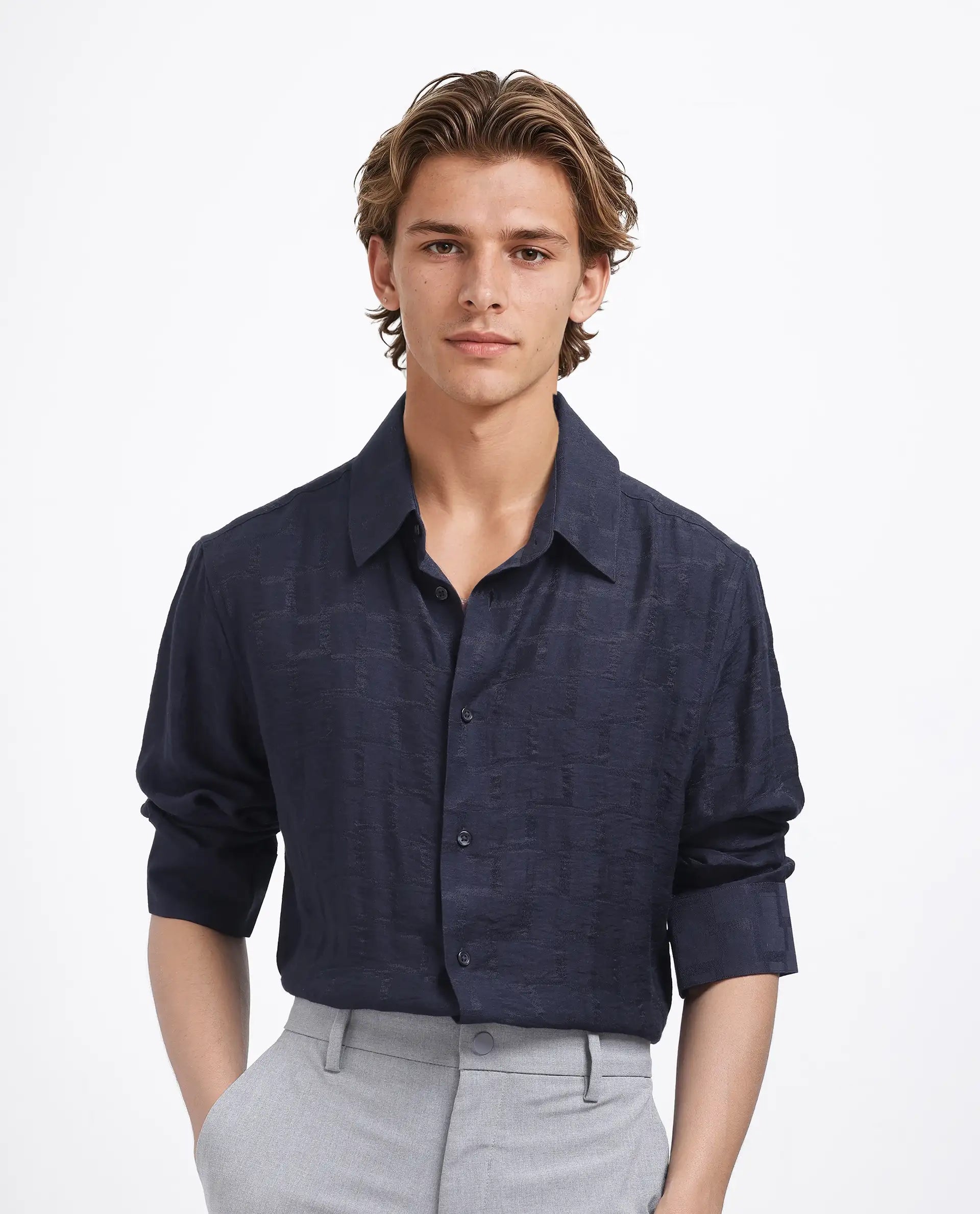 Rare Rabbit Men's Lixu Dark Navy Viscose Nylon Fabric Full Sleeve Collared Neck Button Closure Jacquard Shirt