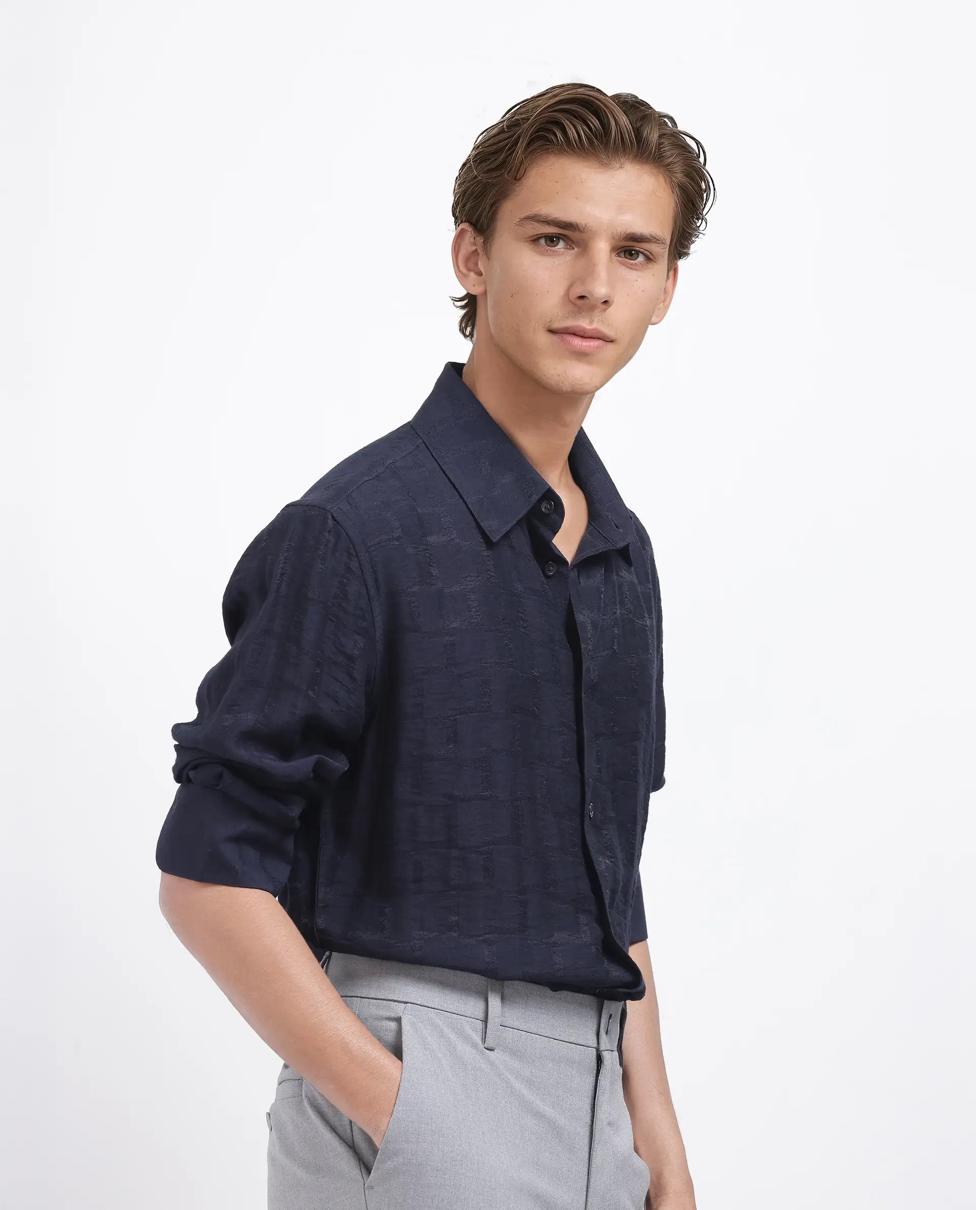 Rare Rabbit Men's Lixu Dark Navy Viscose Nylon Fabric Full Sleeve Collared Neck Button Closure Jacquard Shirt