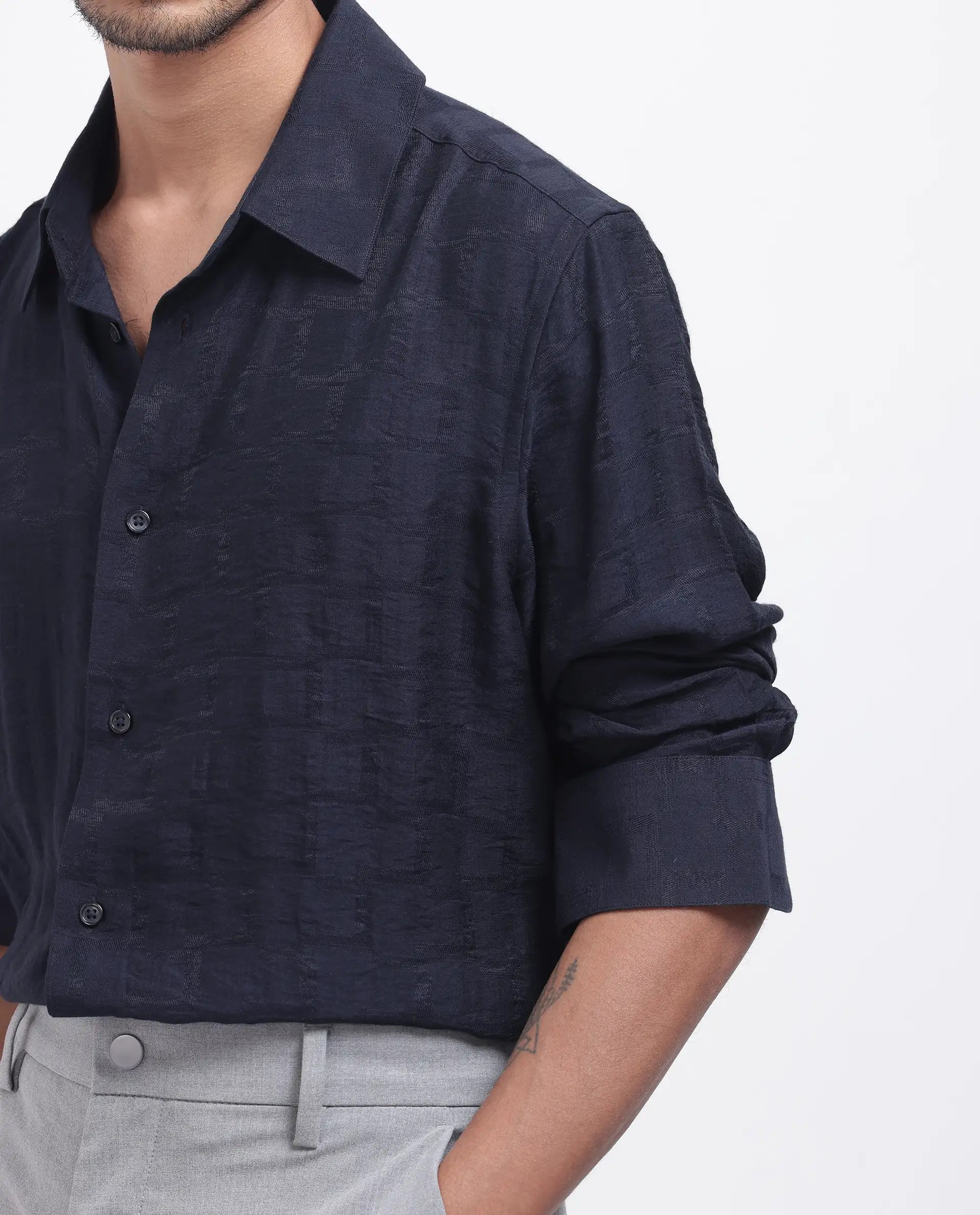 Rare Rabbit Men's Lixu Dark Navy Viscose Nylon Fabric Full Sleeve Collared Neck Button Closure Jacquard Shirt