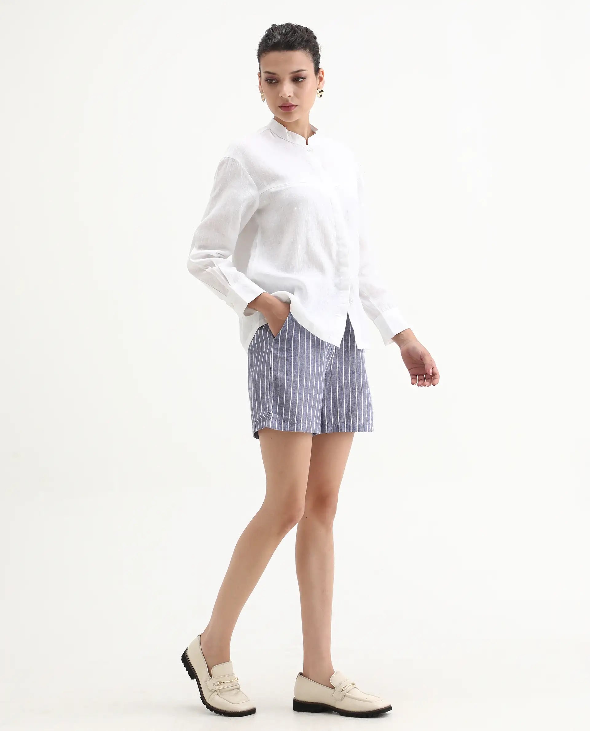 Rareism Women's Liya Blue Linen Striped Regular Fit Shorts