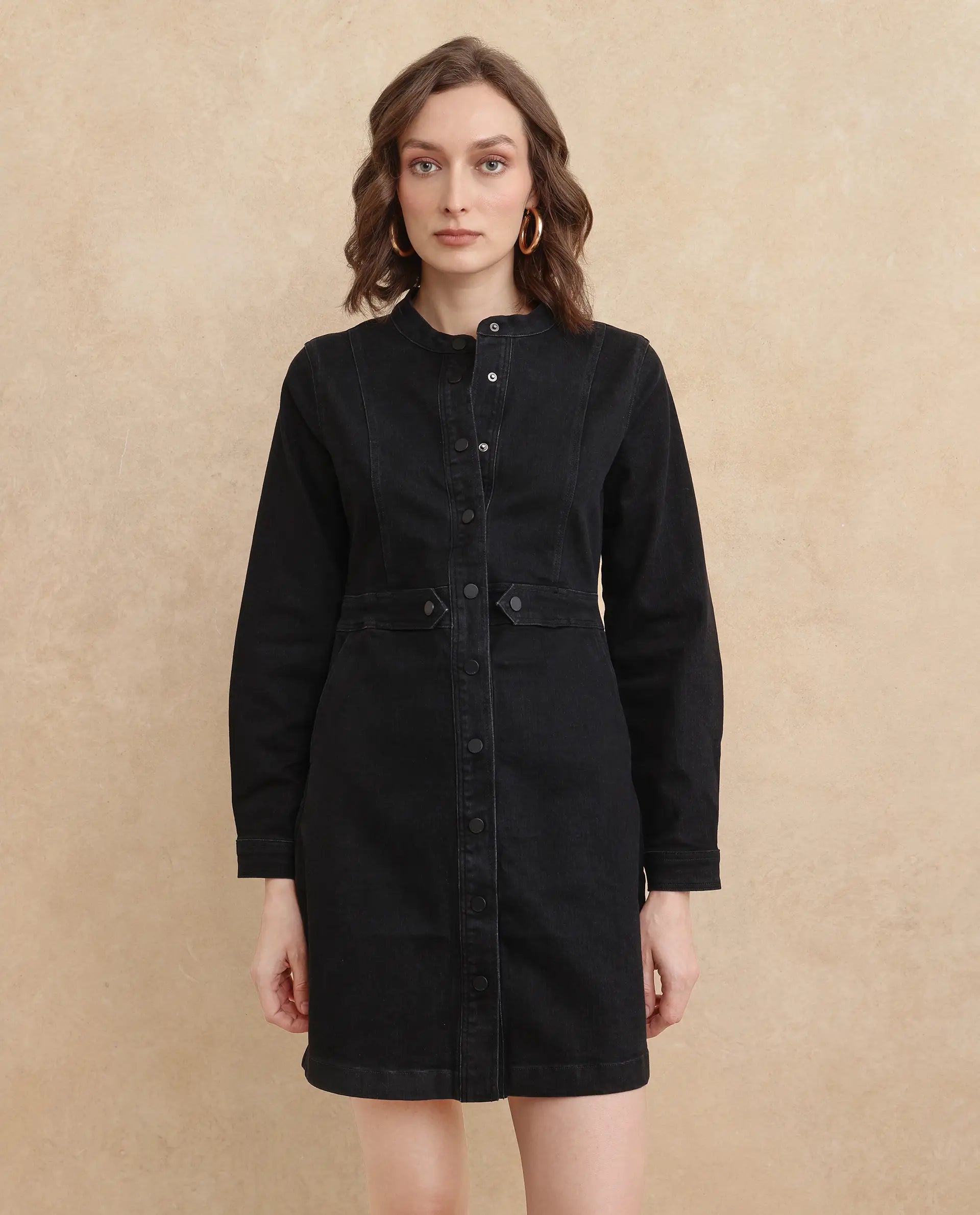 Rareism Women's Lizmi Black Cotton Blend Fabric High Neck Button Closure Cuffed Sleeve Plain Mini Dress