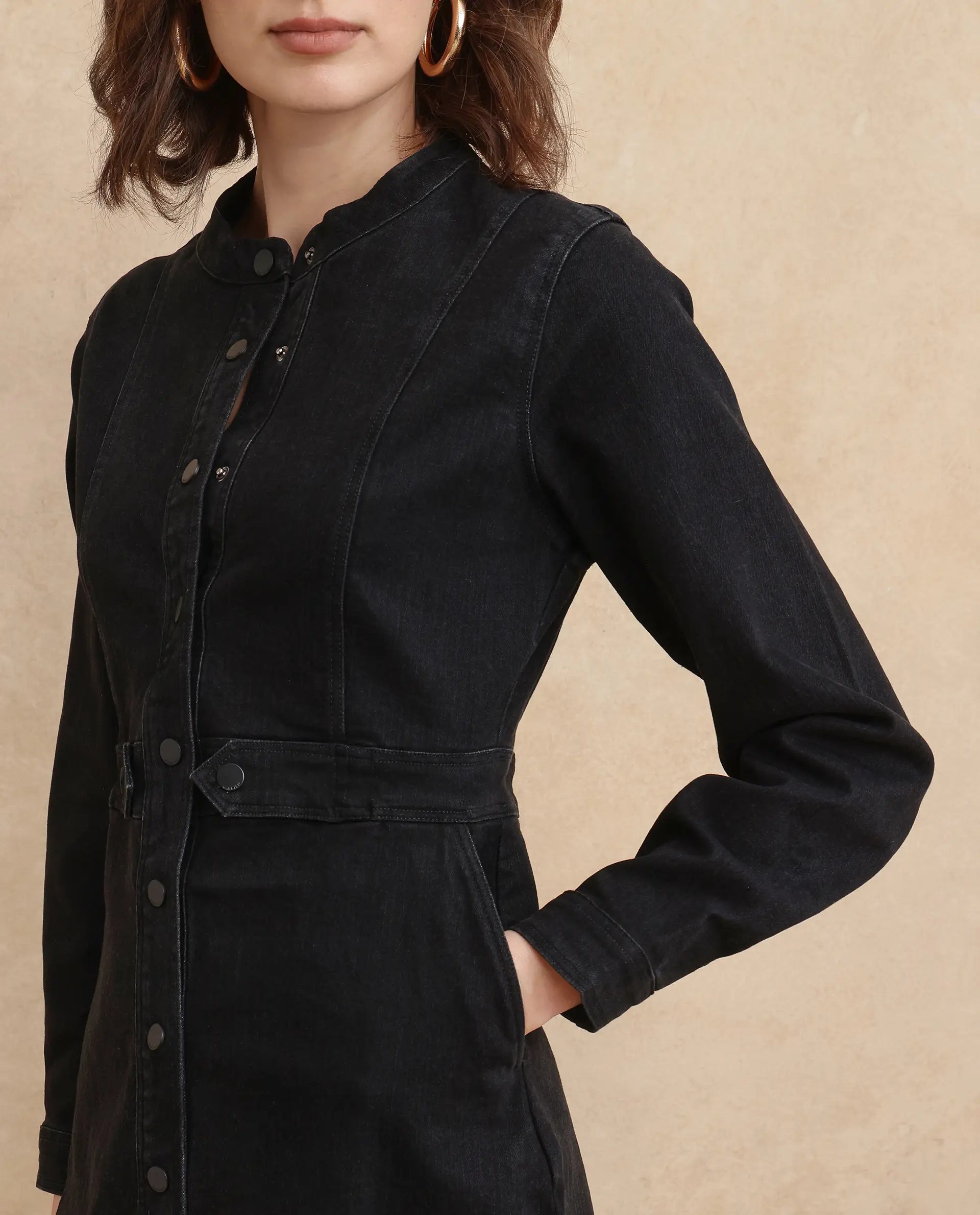 Rareism Women's Lizmi Black Cotton Blend Fabric High Neck Button Closure Cuffed Sleeve Plain Mini Dress