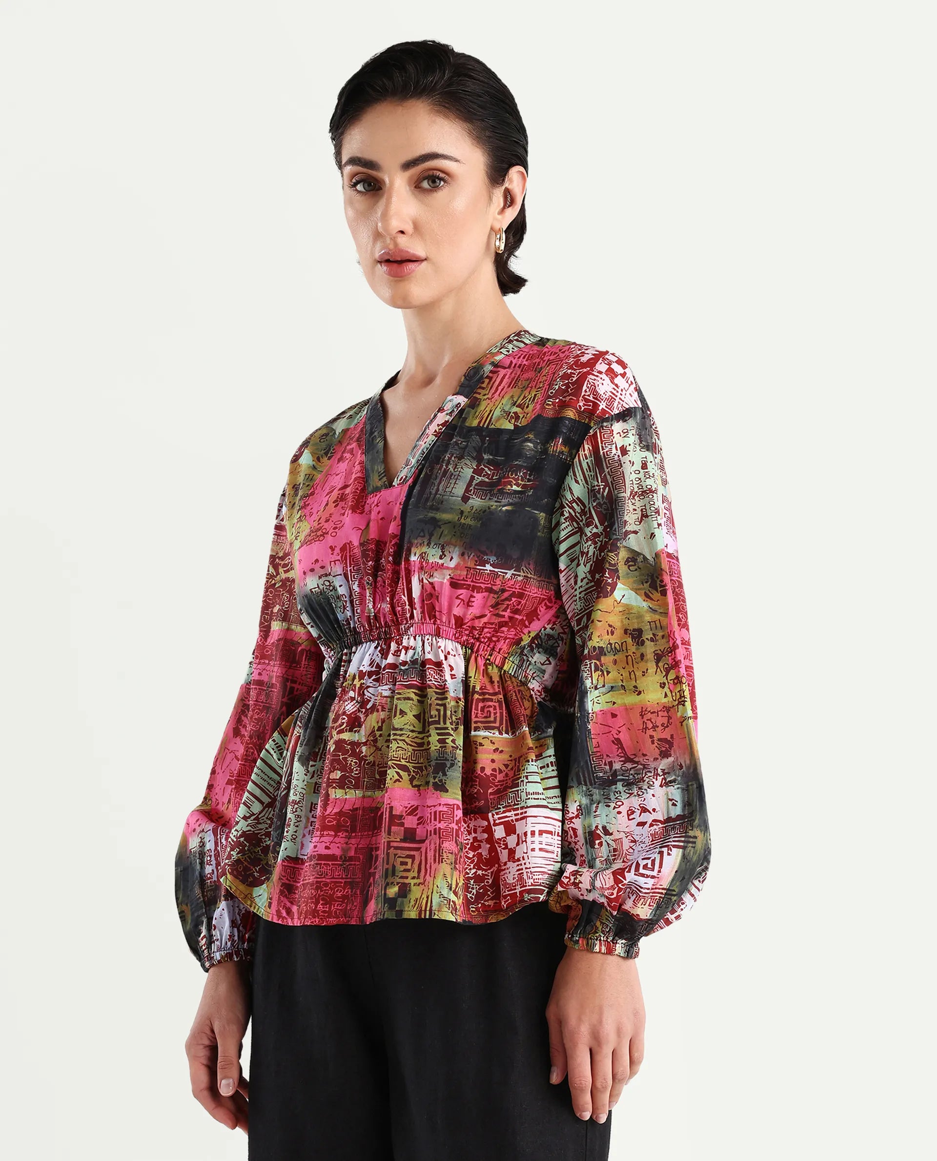 Rareism Women's Lobbc Multi Cotton V-Neck Abstract Print Bishop Sleeve Regular Fit And Flare Top