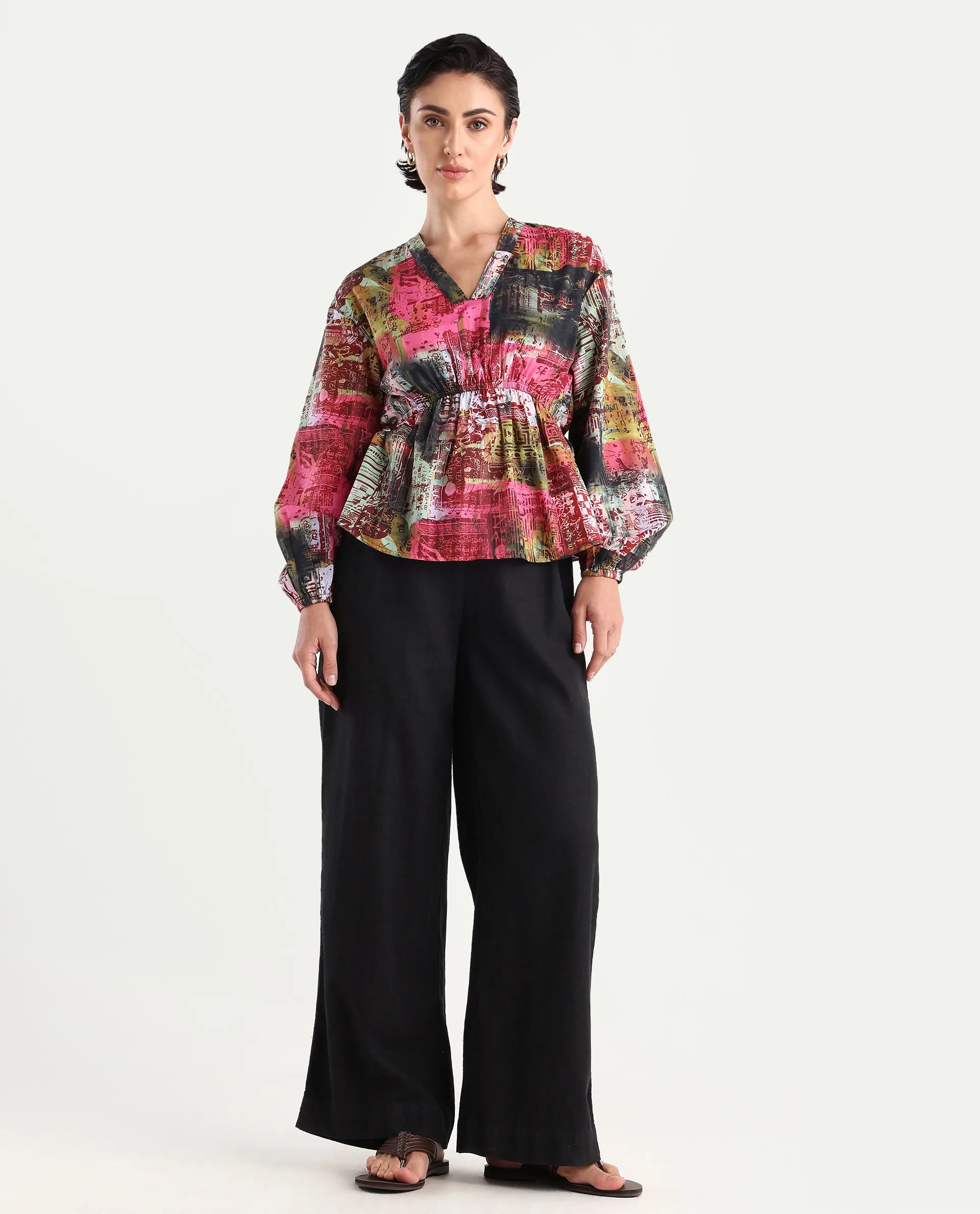 Rareism Women's Lobbc Multi Cotton V-Neck Abstract Print Bishop Sleeve Regular Fit And Flare Top