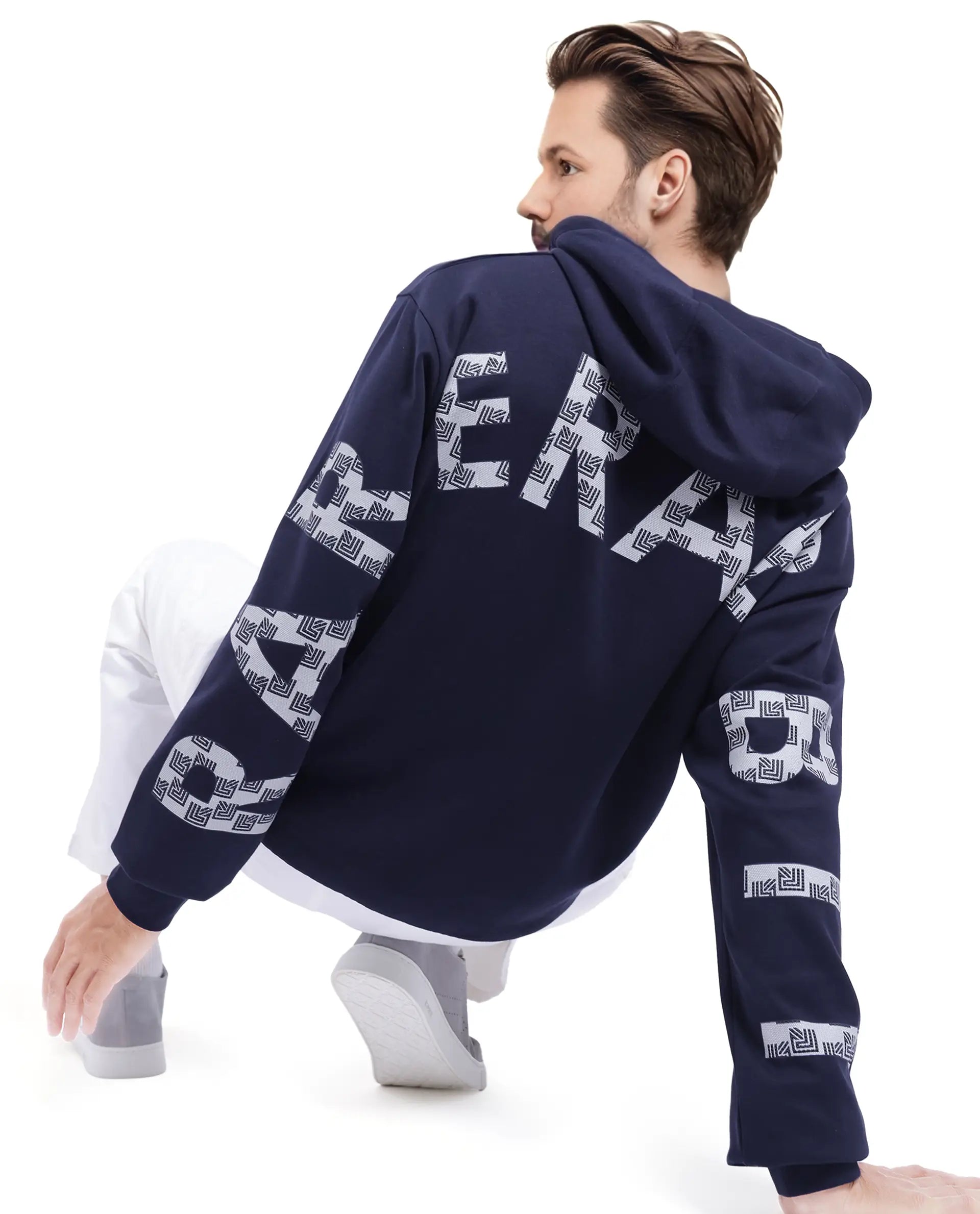 Rare Rabbit Men Lobo Navy Cotton Poly Fabric Full Sleeve Regular Fit Monogram with Typography Print Hooded Sweatshirt