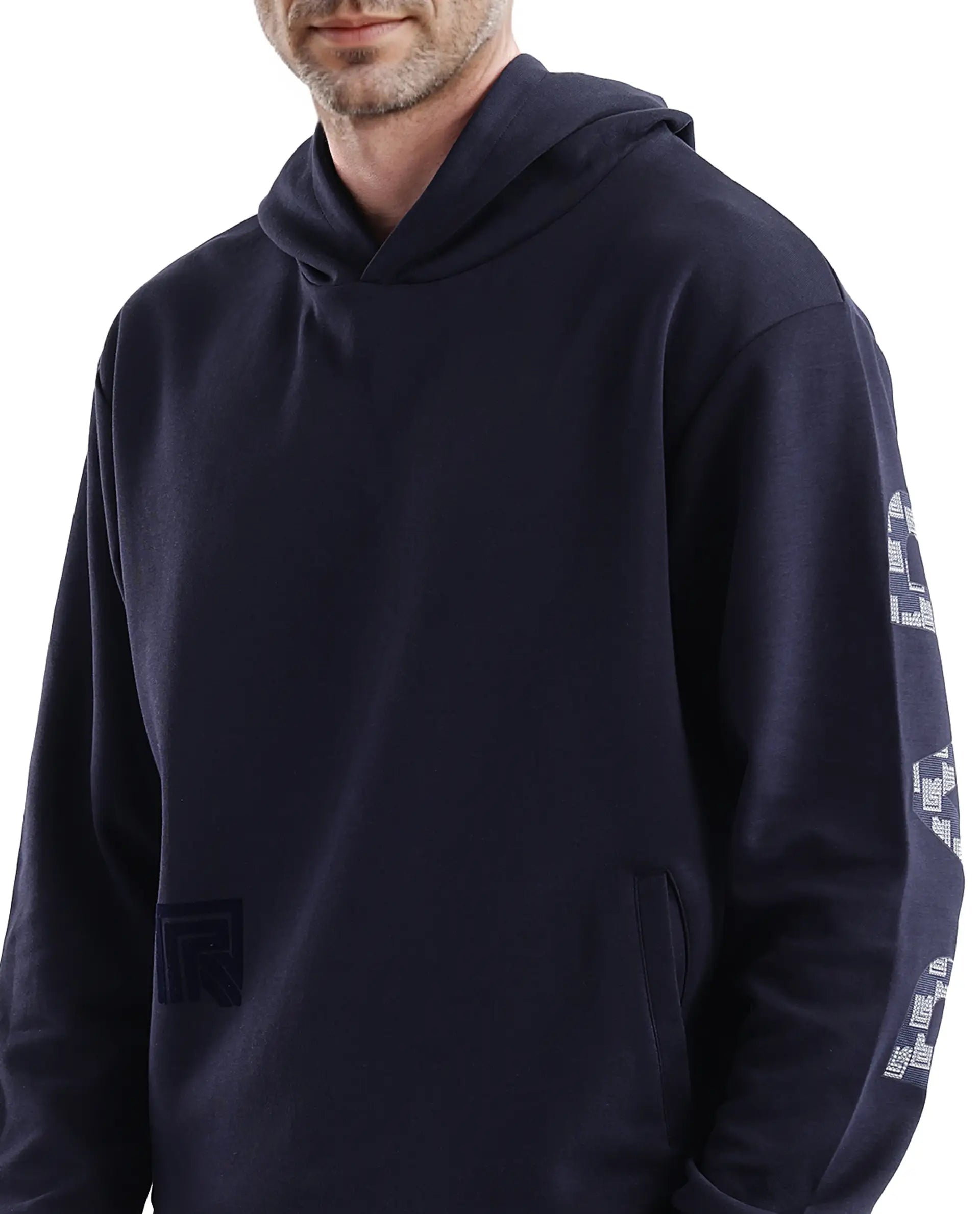 Rare Rabbit Men Lobo Navy Cotton Poly Fabric Full Sleeve Regular Fit Monogram with Typography Print Hooded Sweatshirt