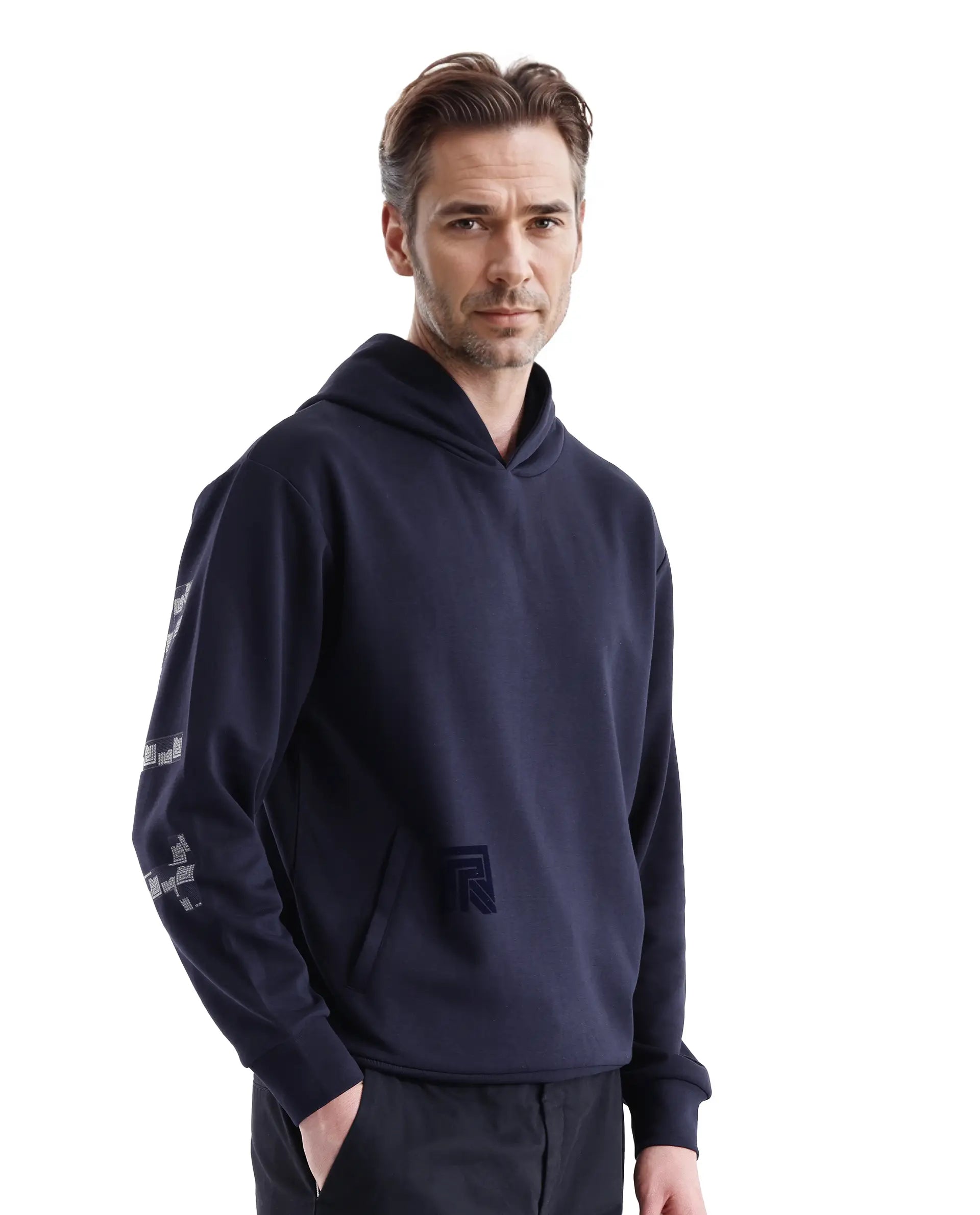 Rare Rabbit Men Lobo Navy Cotton Poly Fabric Full Sleeve Regular Fit Monogram with Typography Print Hooded Sweatshirt