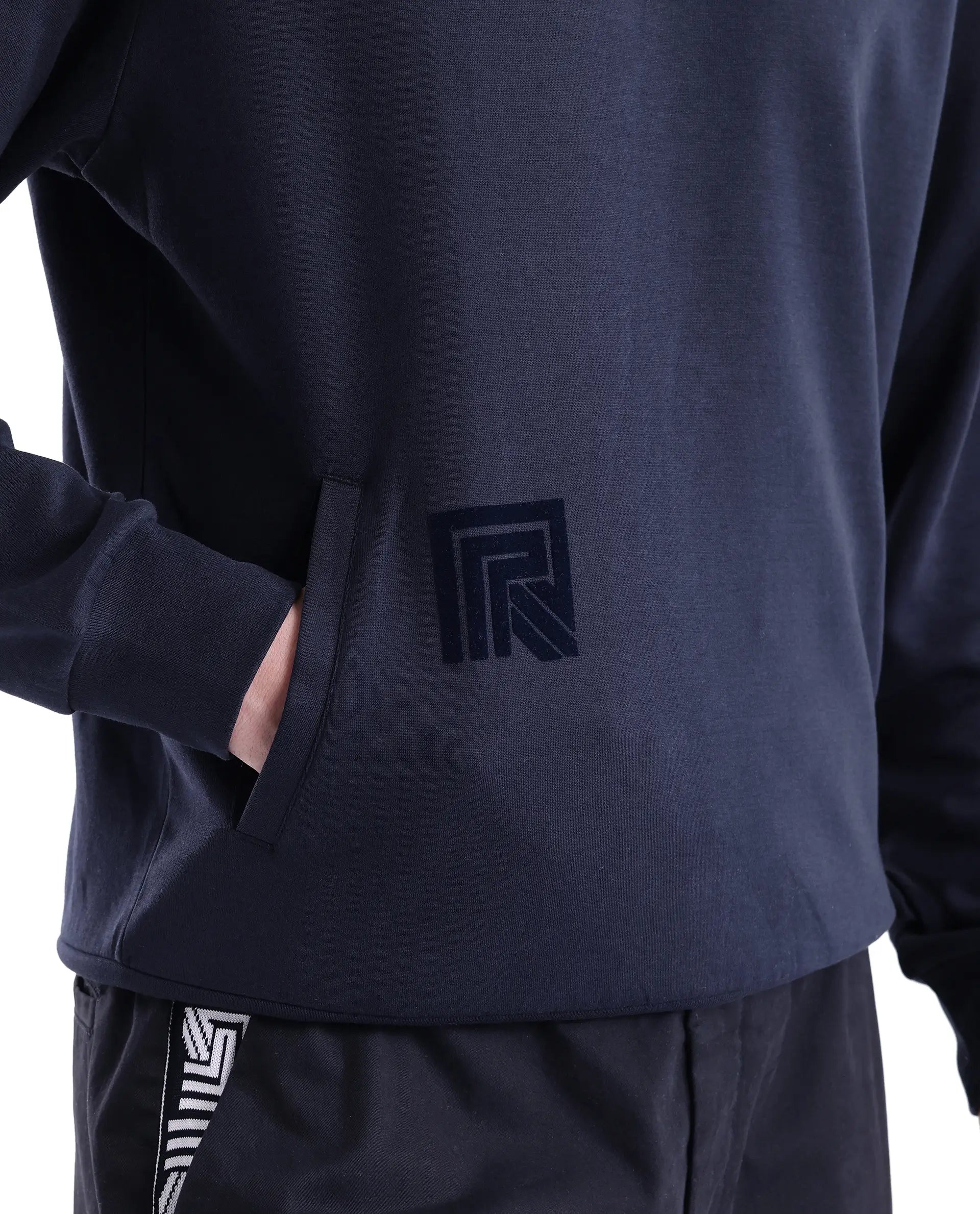 Rare Rabbit Men Lobo Navy Cotton Poly Fabric Full Sleeve Regular Fit Monogram with Typography Print Hooded Sweatshirt