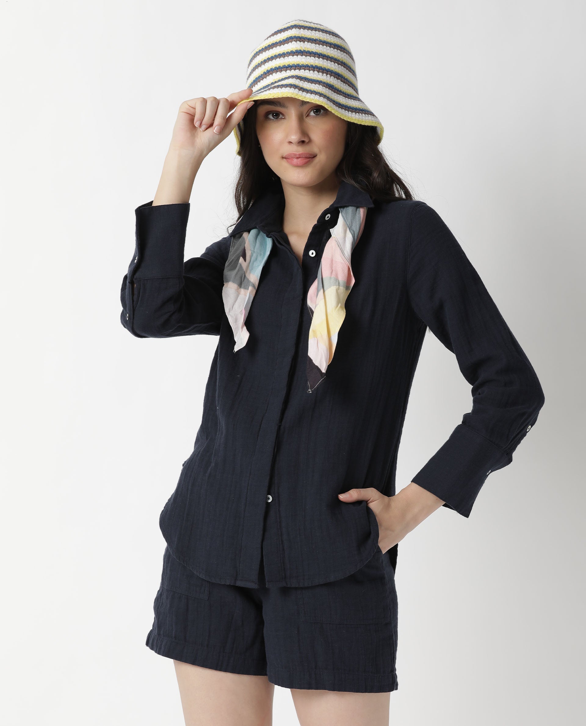 Rareism Women Leno Navy Cotton Fabric Regular Fit Solid High Rise Shorts