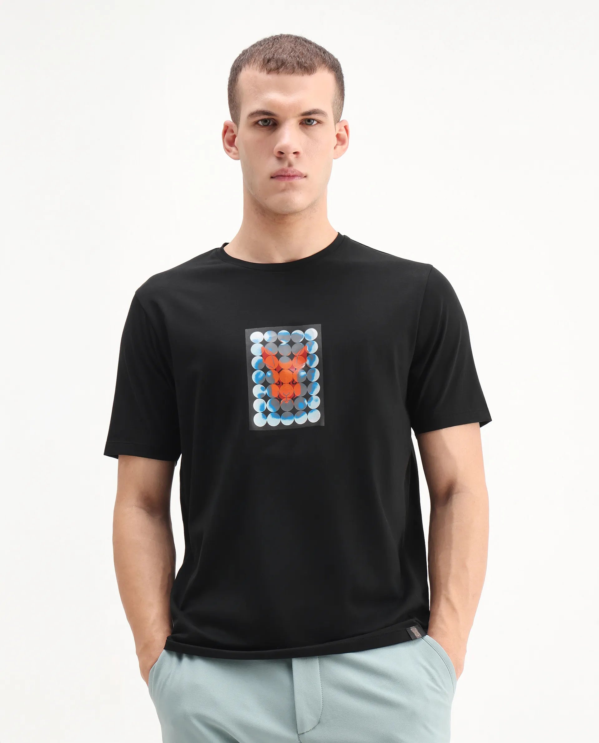 Rare Rabbit Men's Locon Black Cotton Blend Graphic Print Regular Fit Half Sleeve Crew Neck T-Shirt