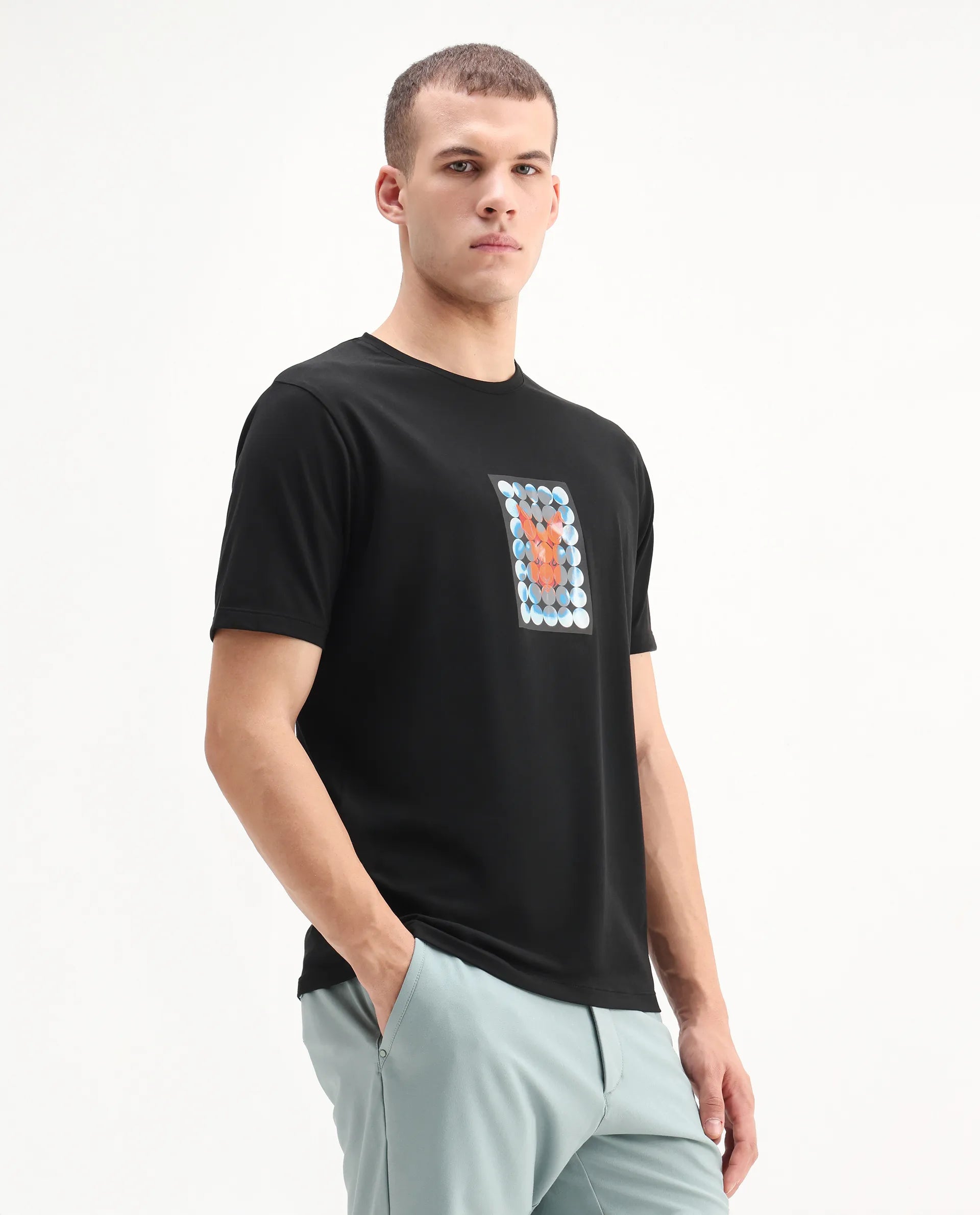 Rare Rabbit Men's Locon Black Cotton Blend Graphic Print Regular Fit Half Sleeve Crew Neck T-Shirt