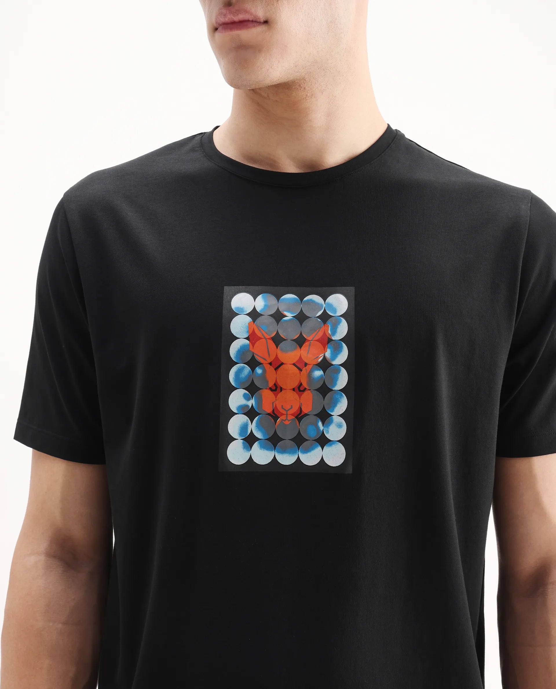 Rare Rabbit Men's Locon Black Cotton Blend Graphic Print Regular Fit Half Sleeve Crew Neck T-Shirt