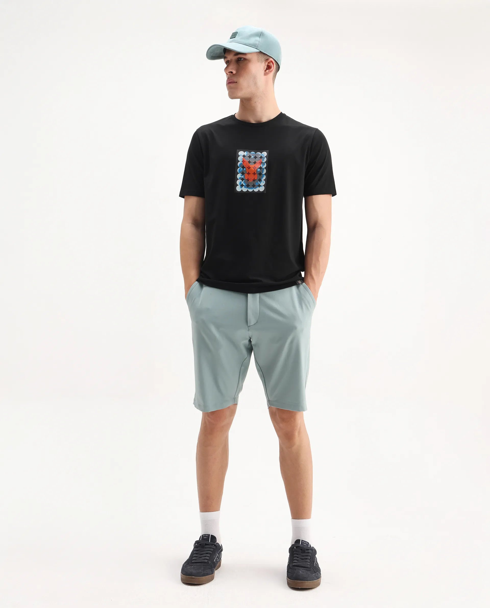 Rare Rabbit Men's Locon Black Cotton Blend Graphic Print Regular Fit Half Sleeve Crew Neck T-Shirt