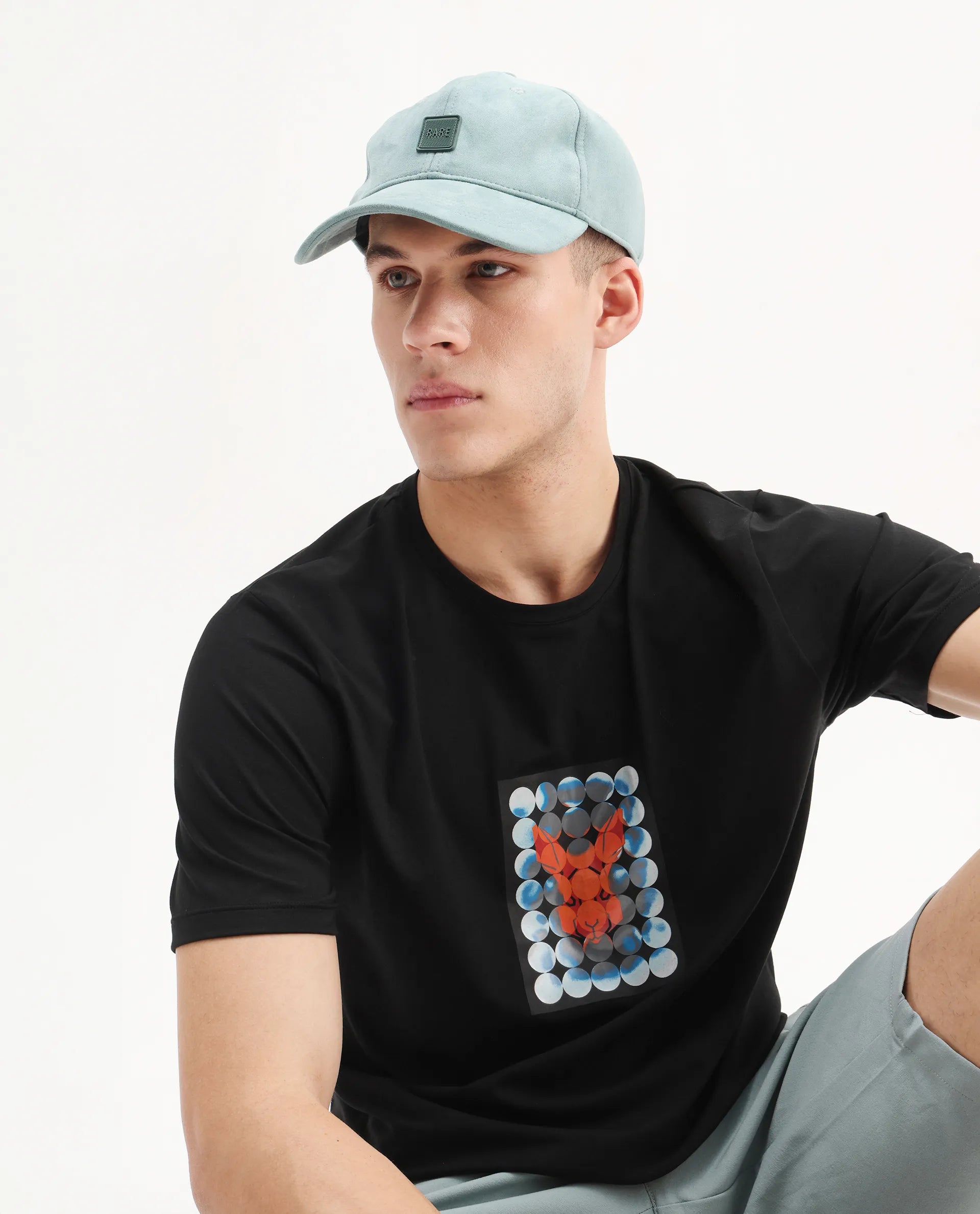 Rare Rabbit Men's Locon Black Cotton Blend Graphic Print Regular Fit Half Sleeve Crew Neck T-Shirt