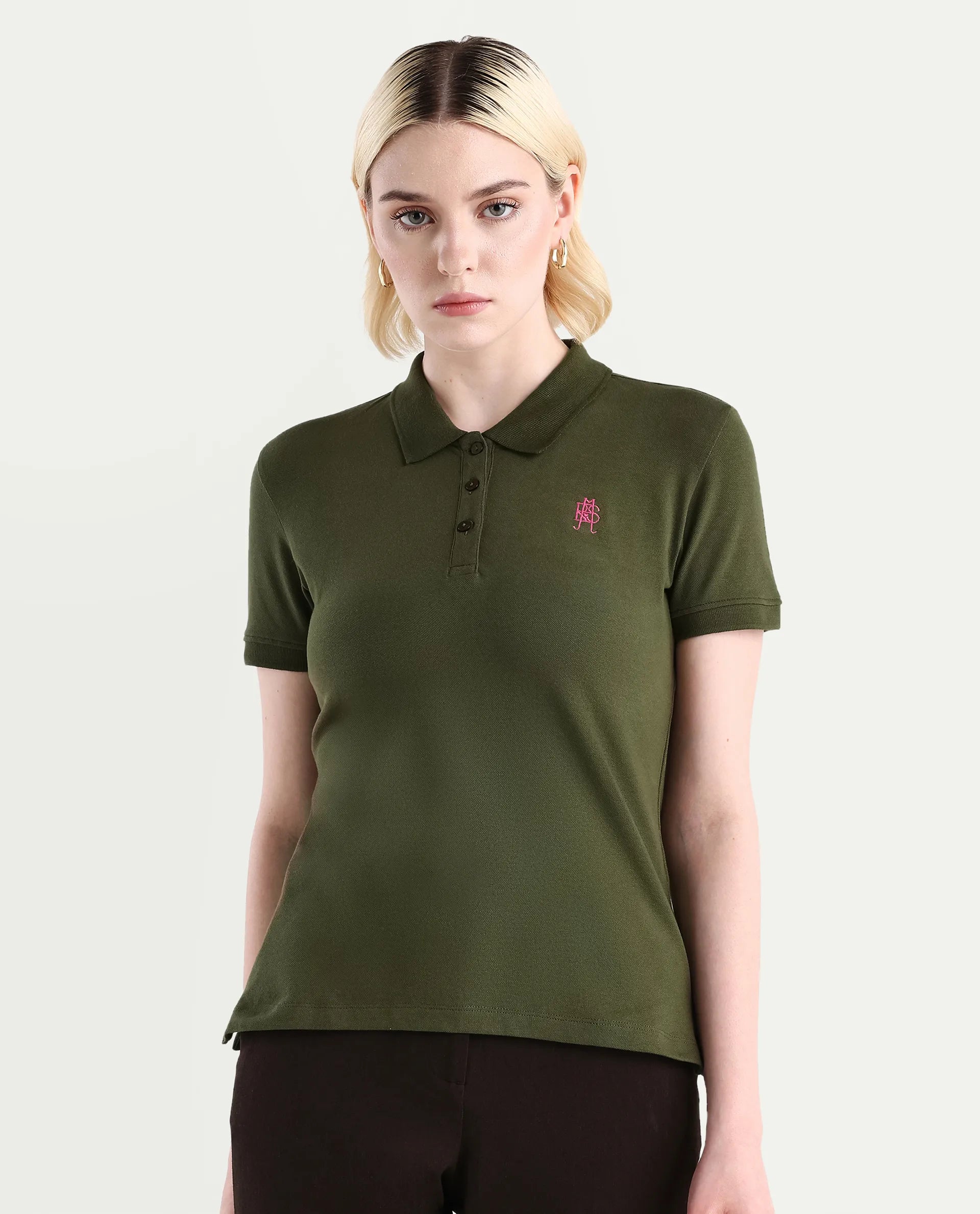 Rareism Women's Logan Dark Olive Cotton Blend Polo Neck Plain Regular Fit Polo