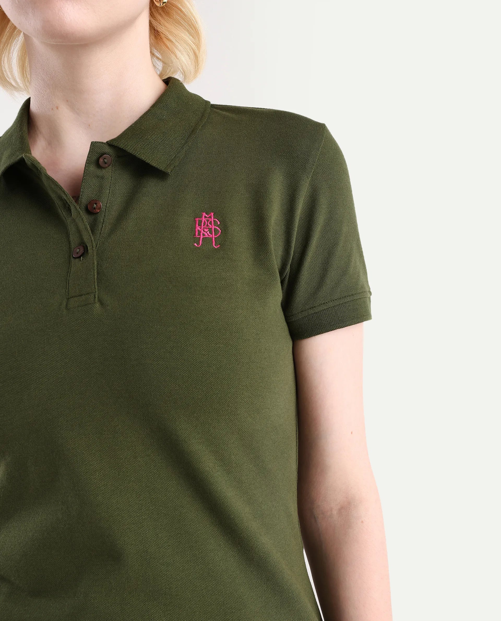 Rareism Women's Logan Dark Olive Cotton Blend Polo Neck Plain Regular Fit Polo