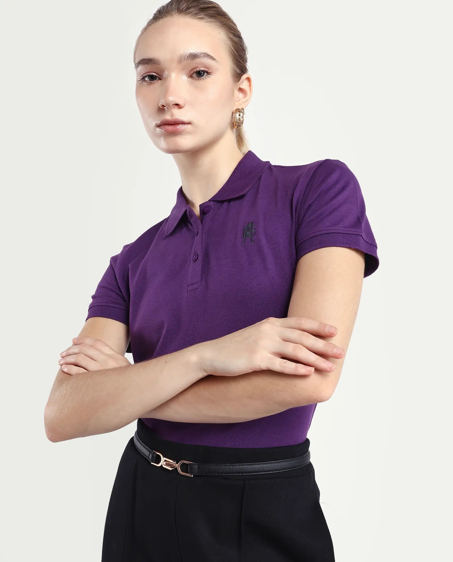 Rareism Women's Logan Purple Cotton Blend Polo Neck Plain Regular Fit Polo