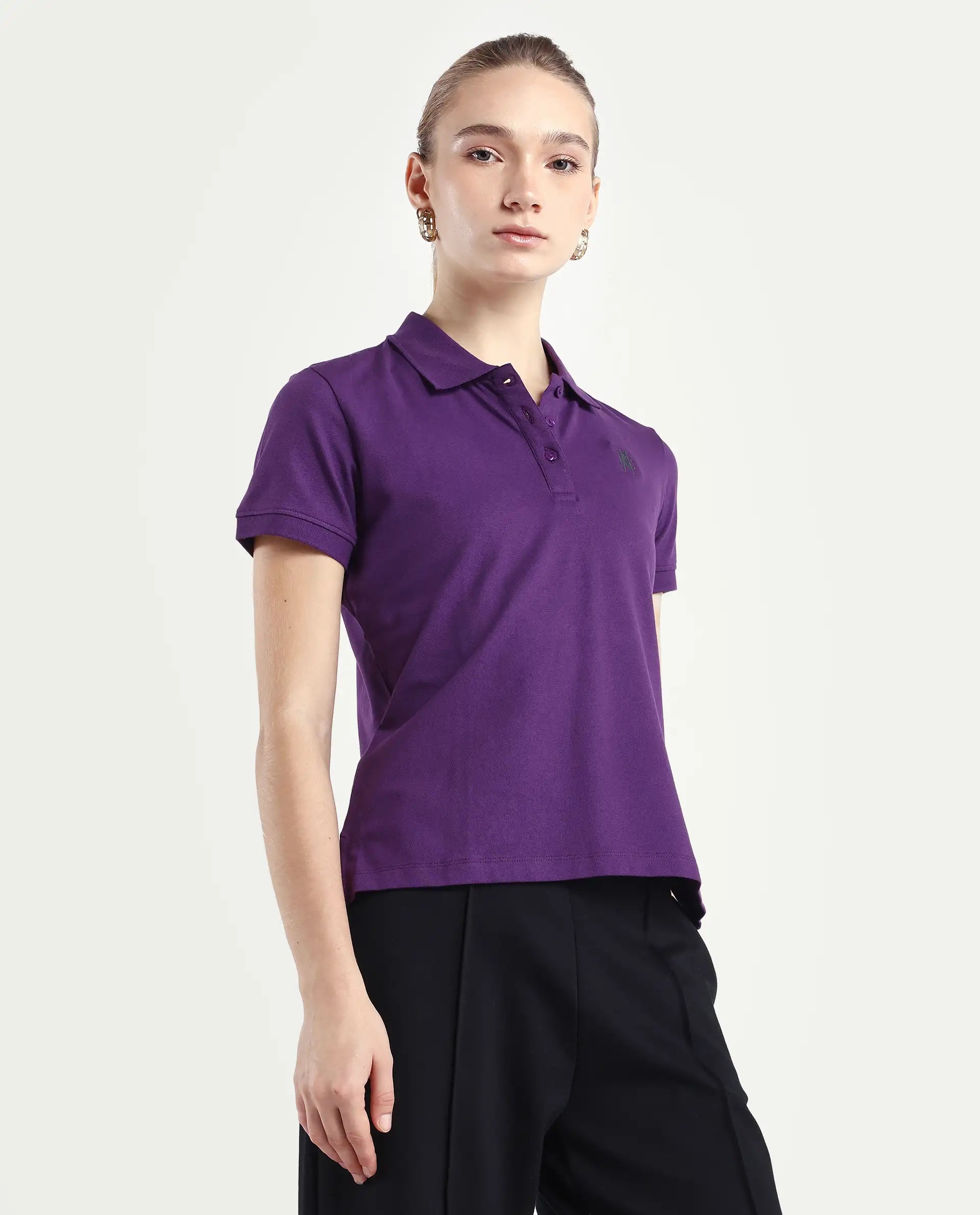 Rareism Women's Logan Purple Cotton Blend Polo Neck Plain Regular Fit Polo
