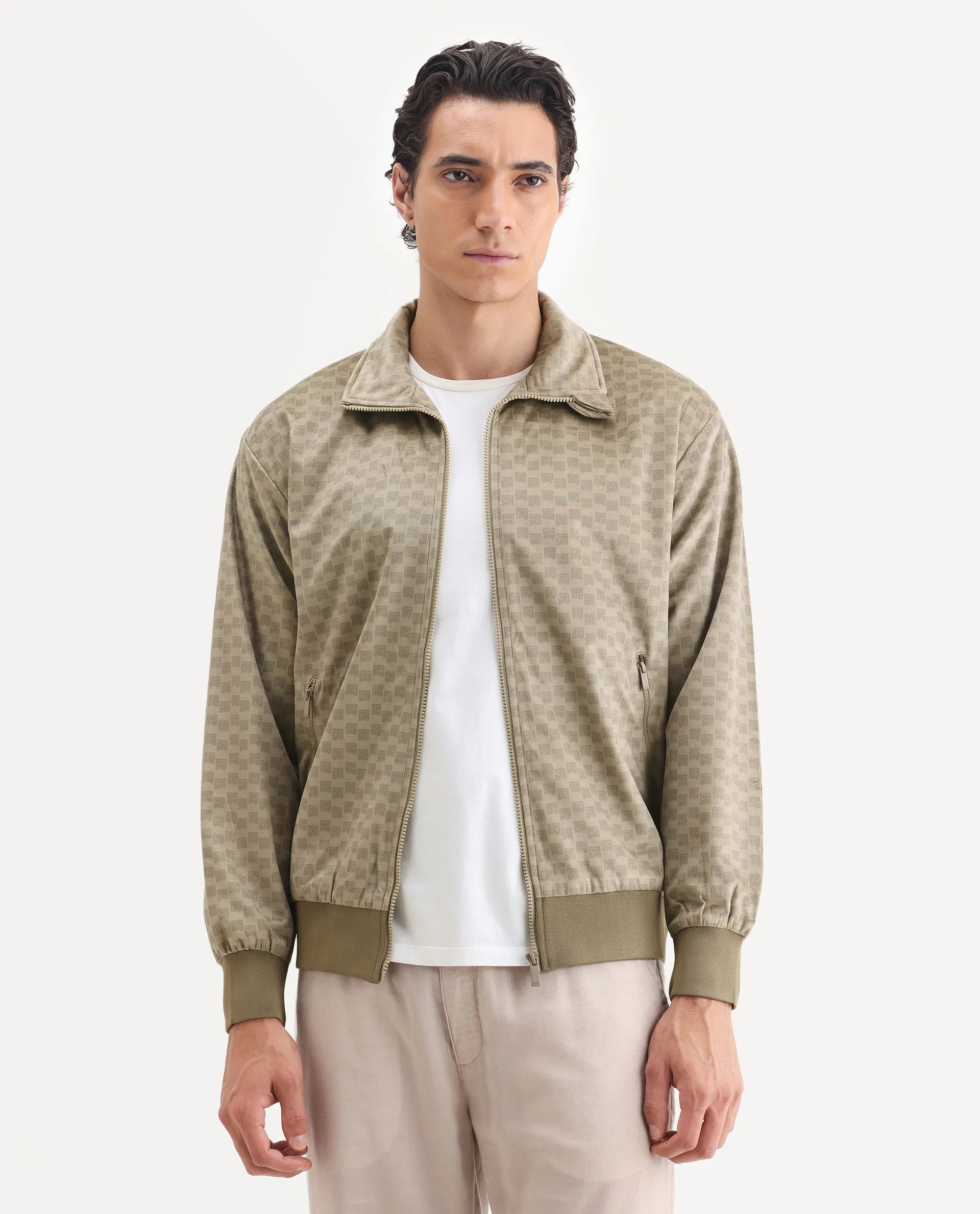 Rare Rabbit Men's Log Beige Polyester Blend Fabric Spread Collar Regular Fit Graphic Print Jacket
