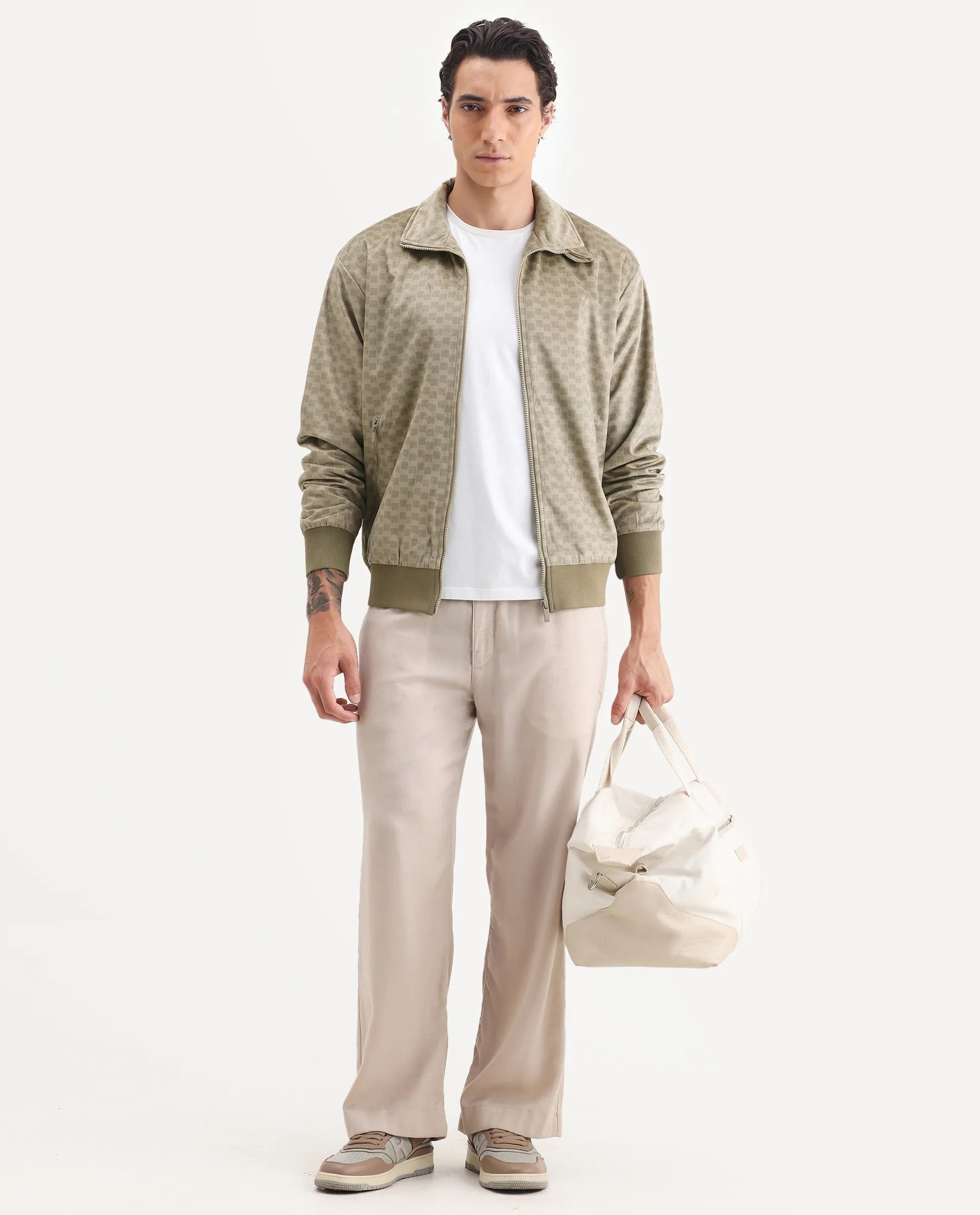 Rare Rabbit Men's Log Beige Polyester Blend Fabric Spread Collar Regular Fit Graphic Print Jacket