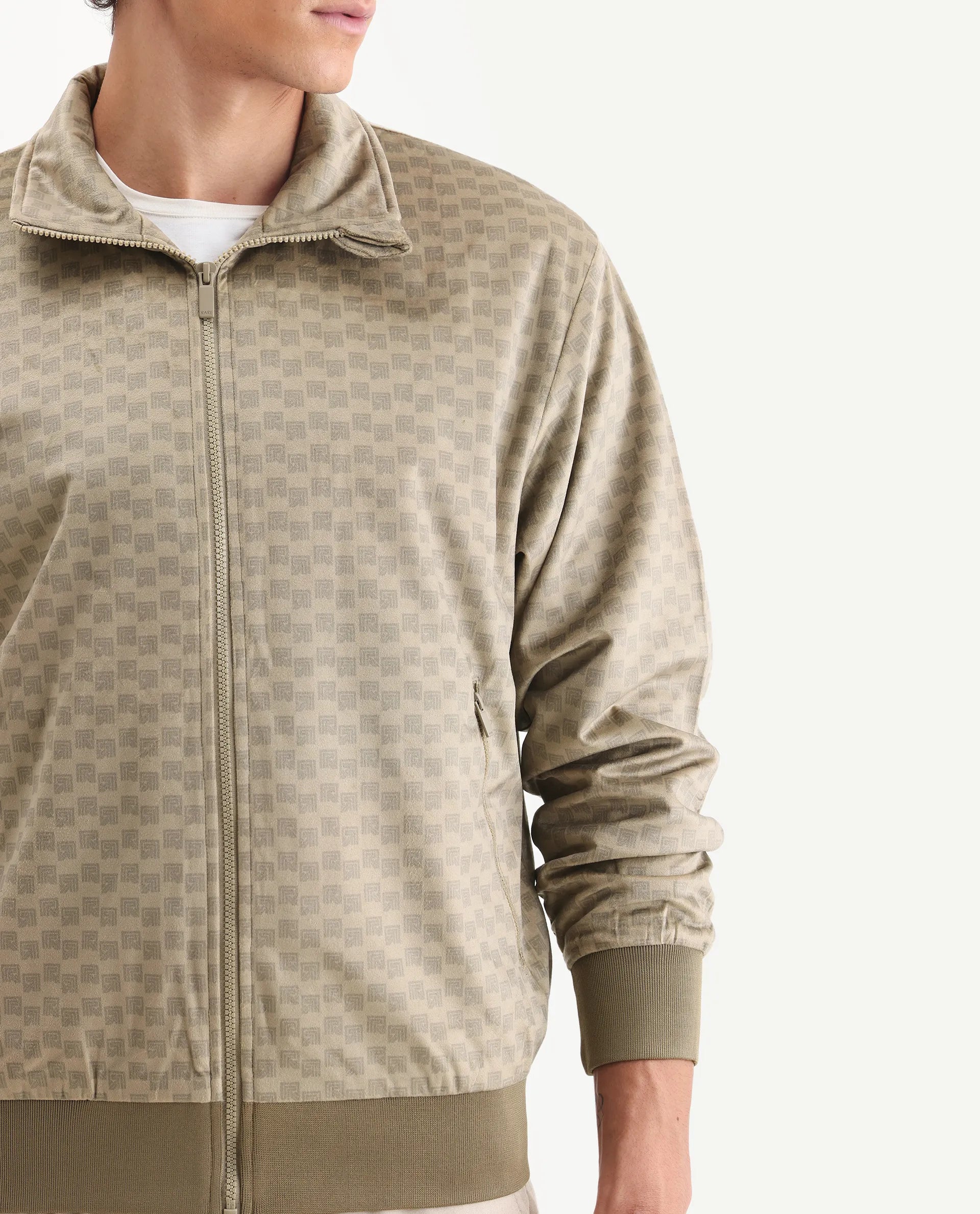 Rare Rabbit Men's Log Beige Polyester Blend Fabric Spread Collar Regular Fit Graphic Print Jacket
