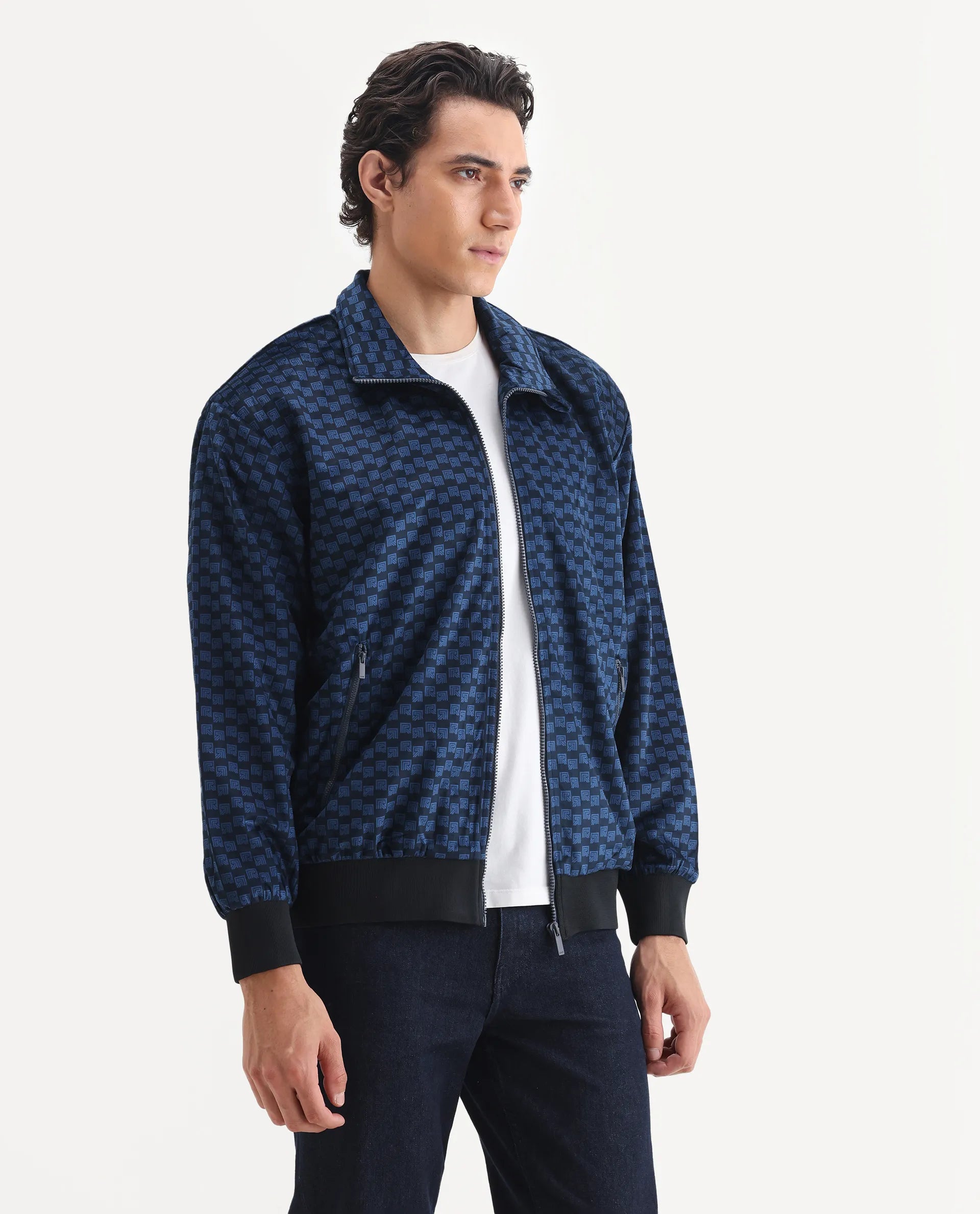 Rare Rabbit Men's Log Blue Polyester Blend Fabric Spread Collar Regular Fit Graphic Print Jacket