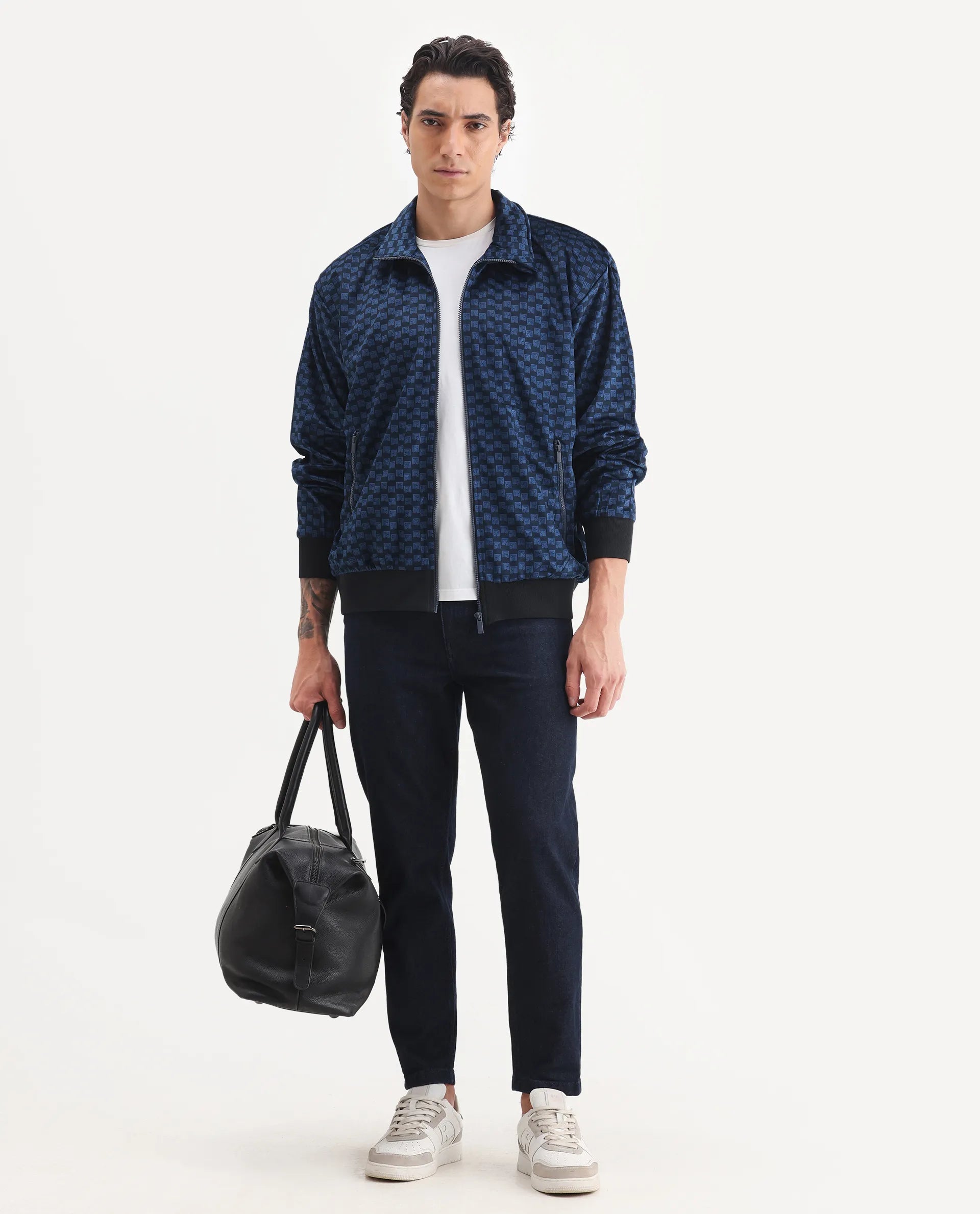 Rare Rabbit Men's Log Blue Polyester Blend Fabric Spread Collar Regular Fit Graphic Print Jacket