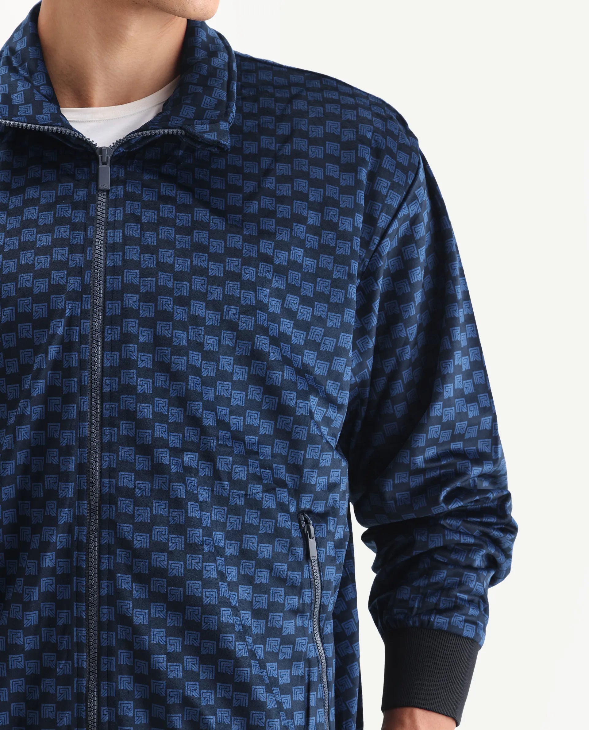 Rare Rabbit Men's Log Blue Polyester Blend Fabric Spread Collar Regular Fit Graphic Print Jacket