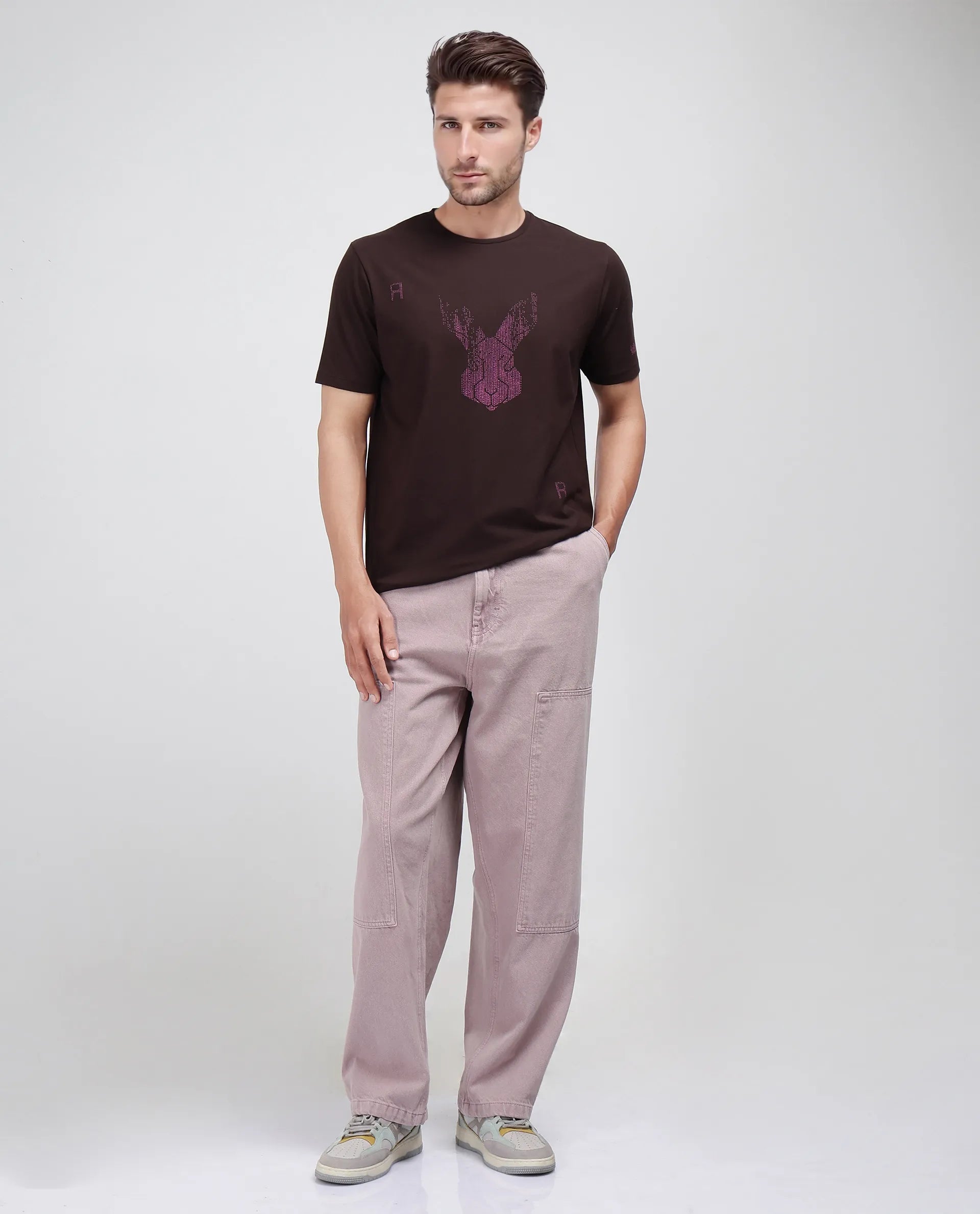 Rare Rabbit Men Log Brown Cotton Lycra Fabric Short Sleeve Crew Neck Slip-On Graphic Print T-Shirt