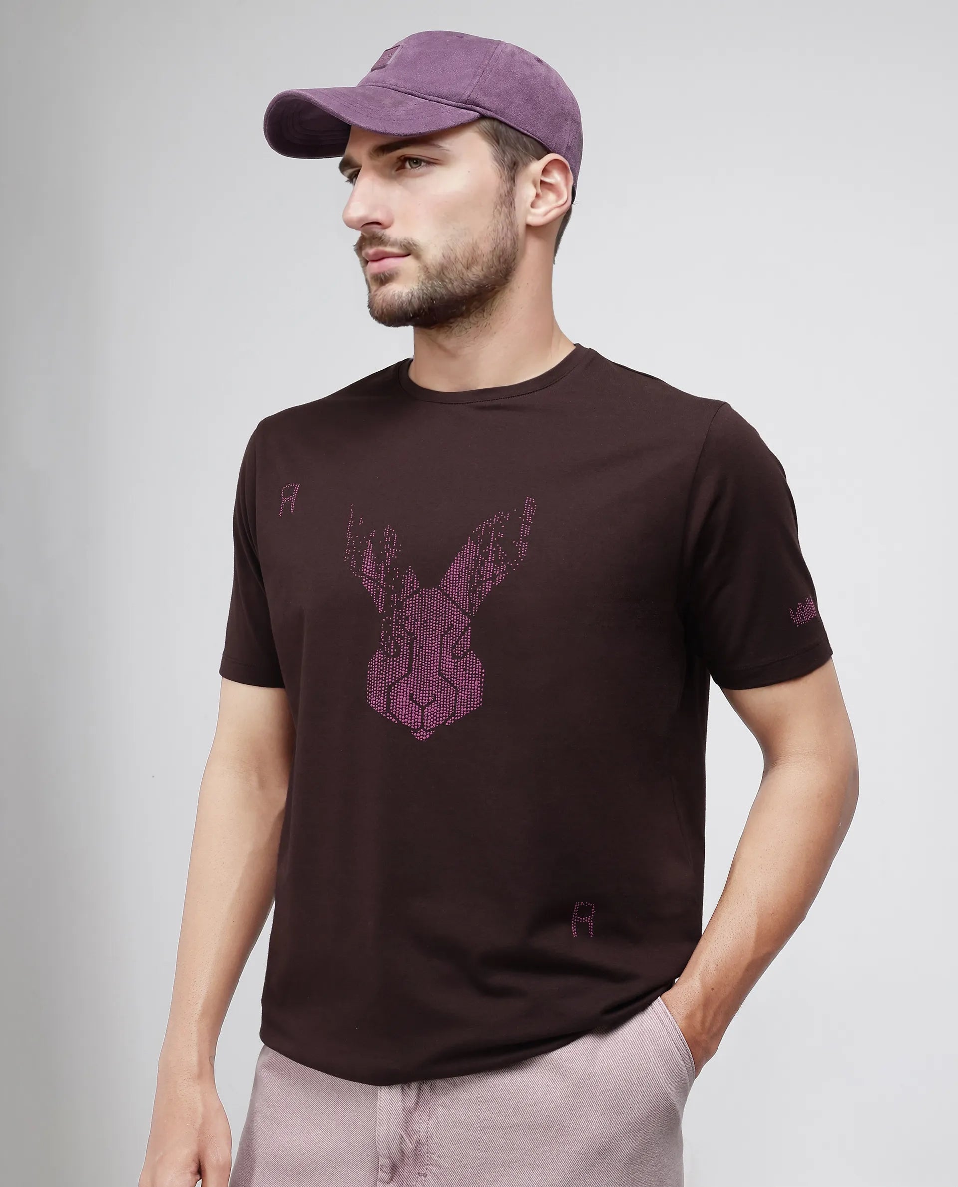 Rare Rabbit Men Log Brown Cotton Lycra Fabric Short Sleeve Crew Neck Slip-On Graphic Print T-Shirt
